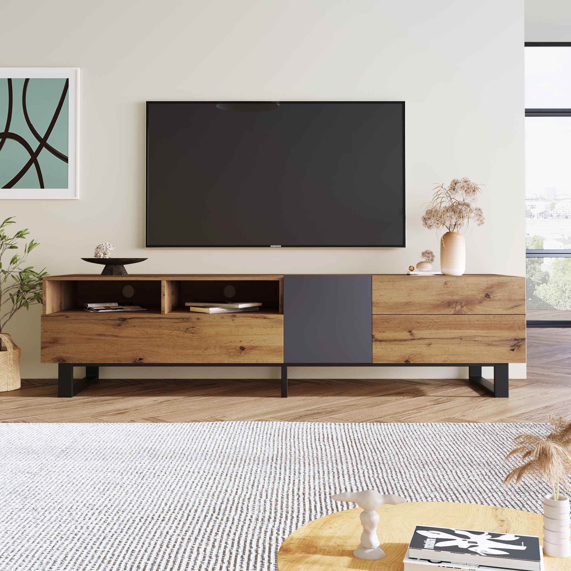 Logidon Modern Color Blocking TV Cabinet 180 cm MDF Wood Look Black