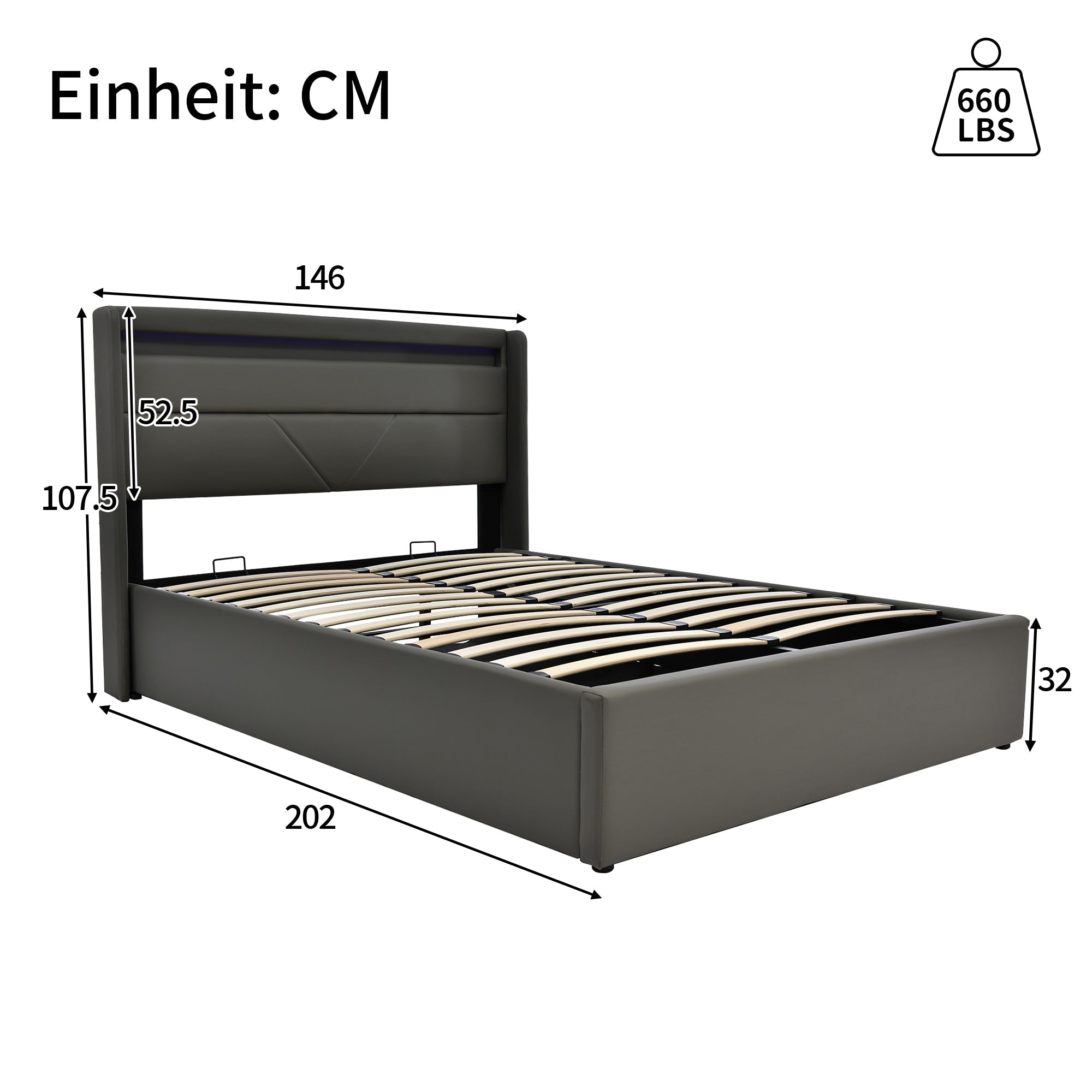 Logidon hydraulisch opbergbed 140x200 grijs met LED-verlichting