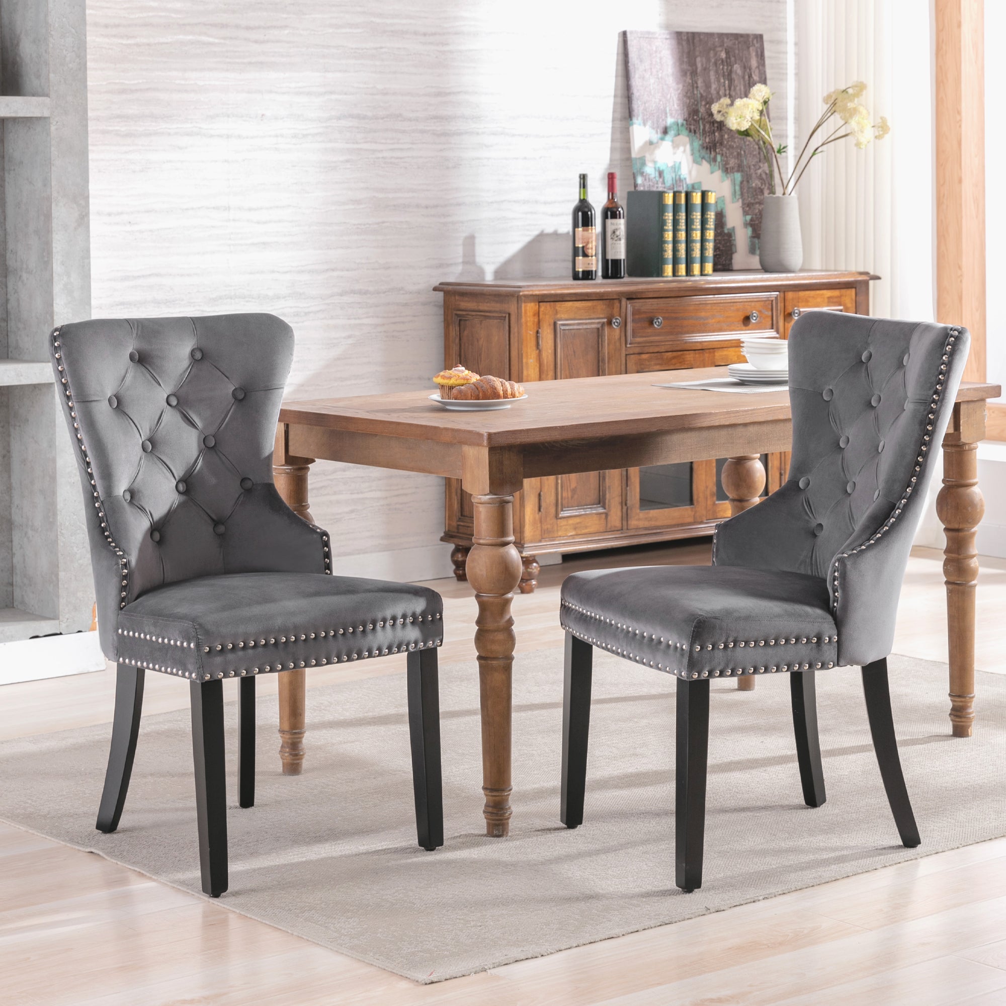 Logidon Velvet Dining Chairs Set of 2 Gray with Oak Legs Button