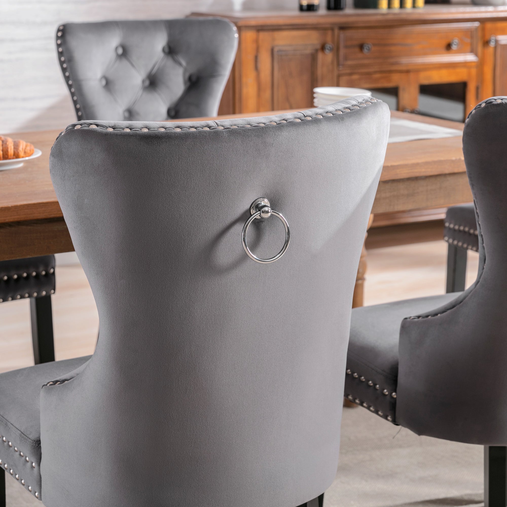 Logidon velvet dining chairs set of 4 button detail oak legs gray