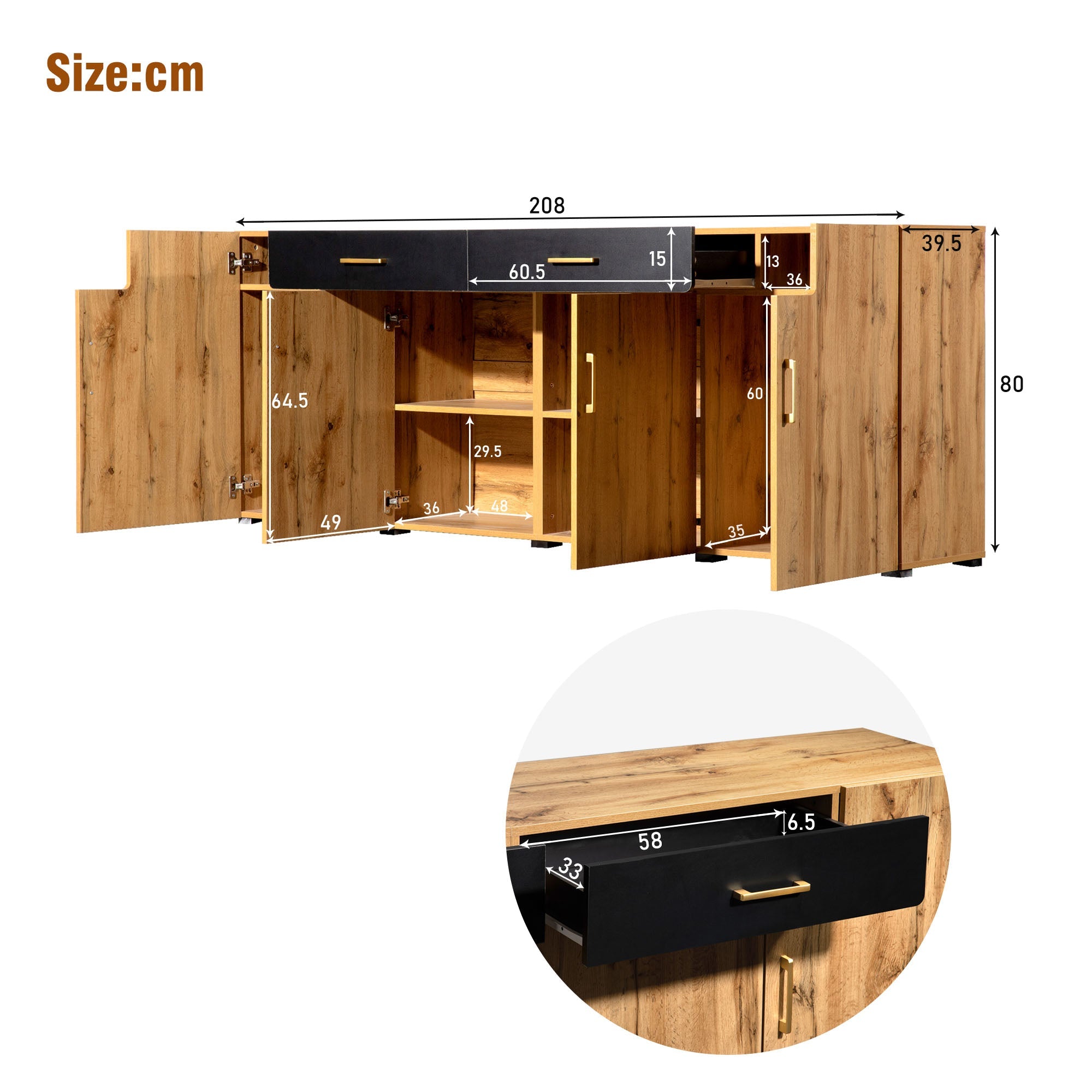 Logidon dressoir 208x39,5x80 cm bruin wit, 4 deuren, 2 lades