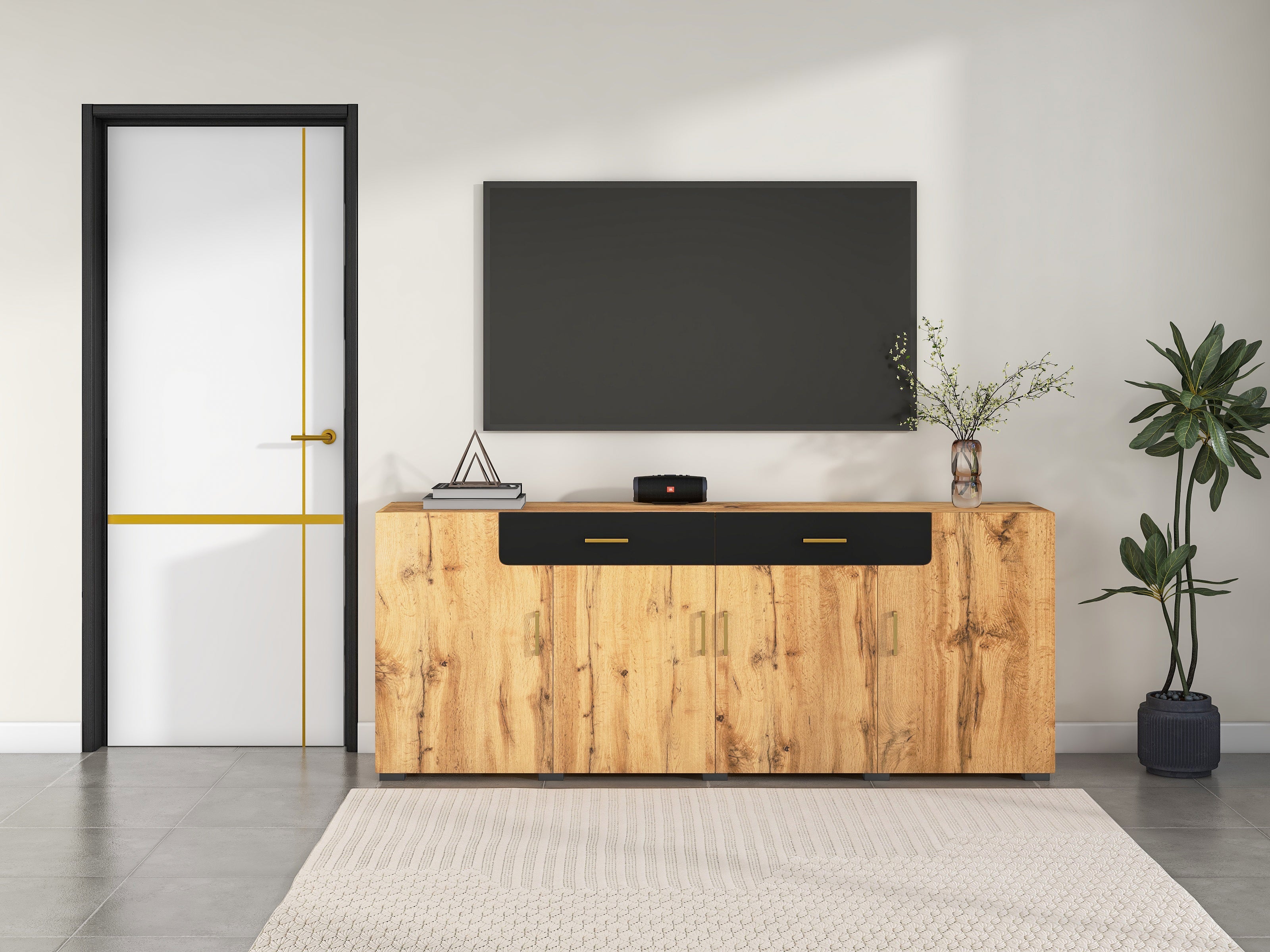 Logidon dressoir 208x39,5x80 cm bruin wit, 4 deuren, 2 lades