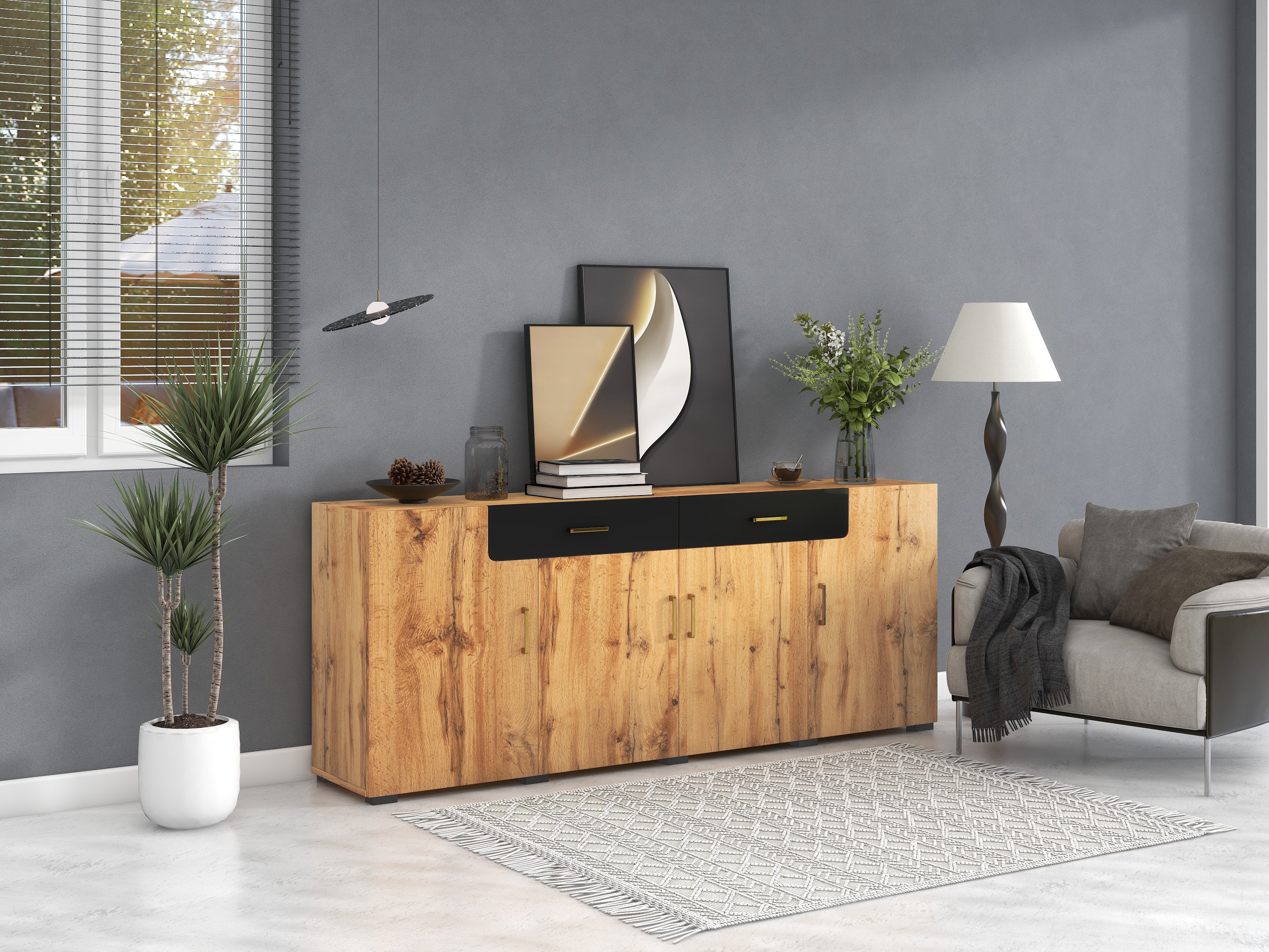 Logidon dressoir 208x39,5x80 cm bruin wit, 4 deuren, 2 lades