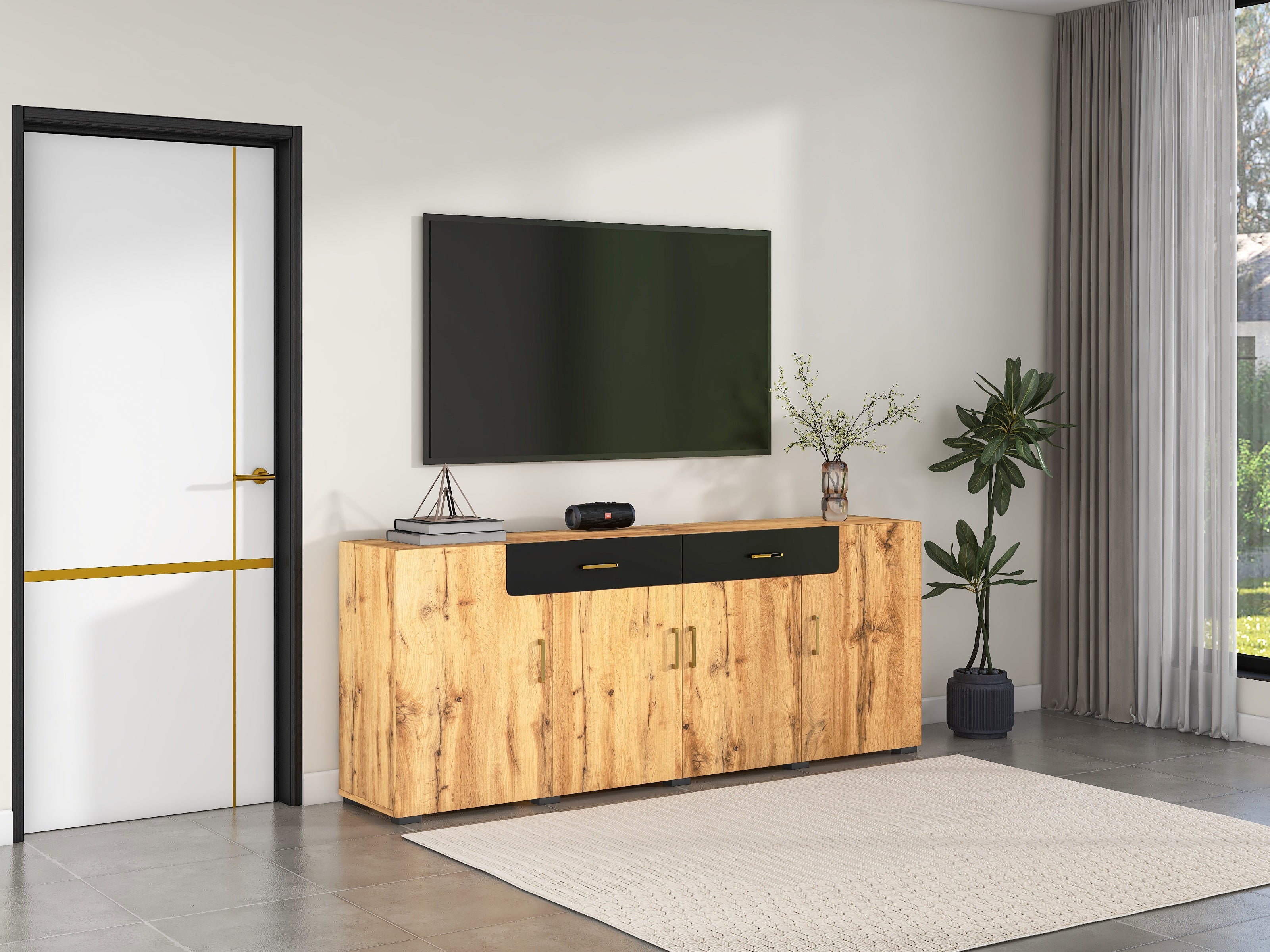 Logidon dressoir 208x39,5x80 cm bruin wit, 4 deuren, 2 lades