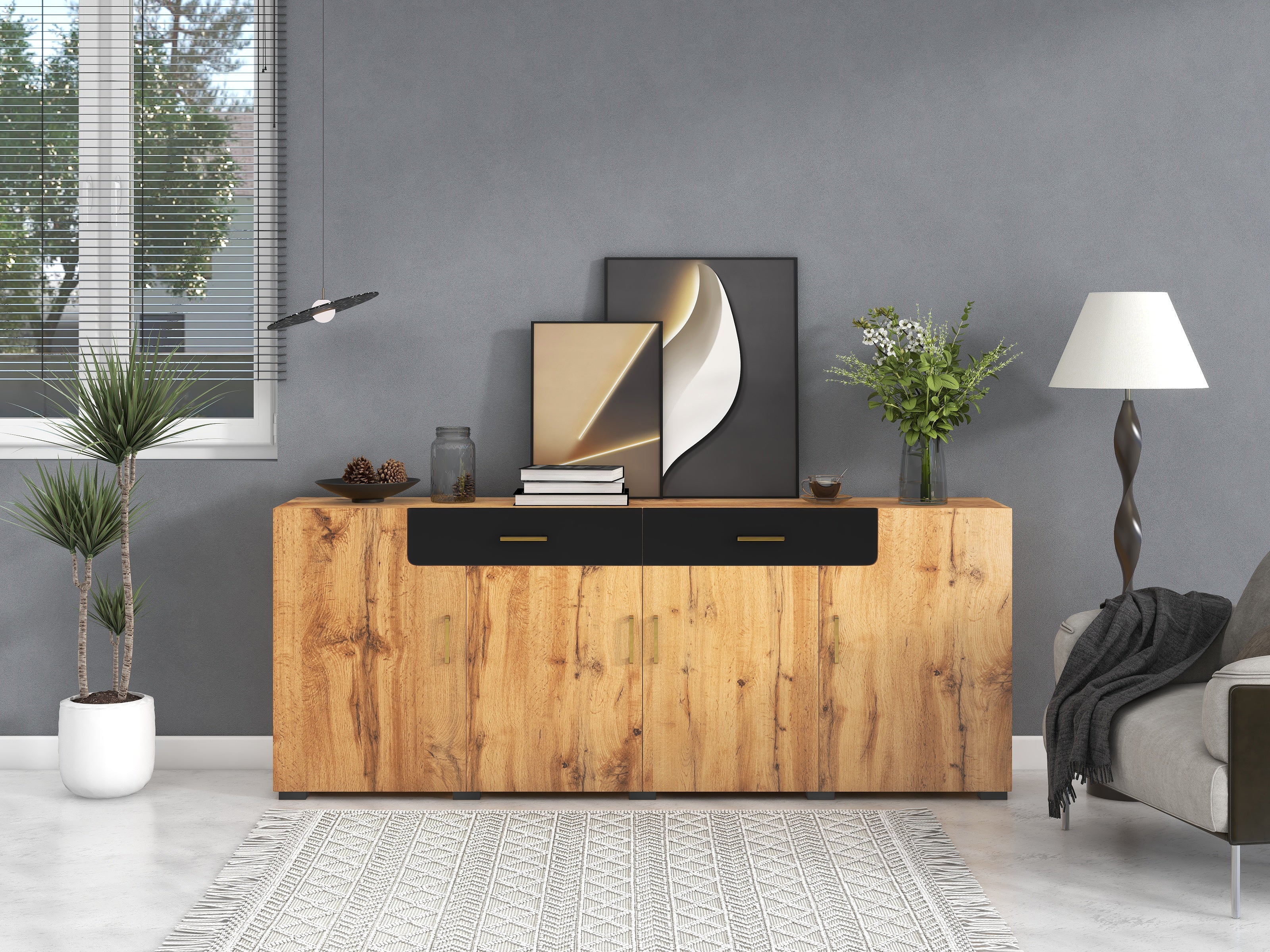 Logidon dressoir 208x39,5x80 cm bruin wit, 4 deuren, 2 lades