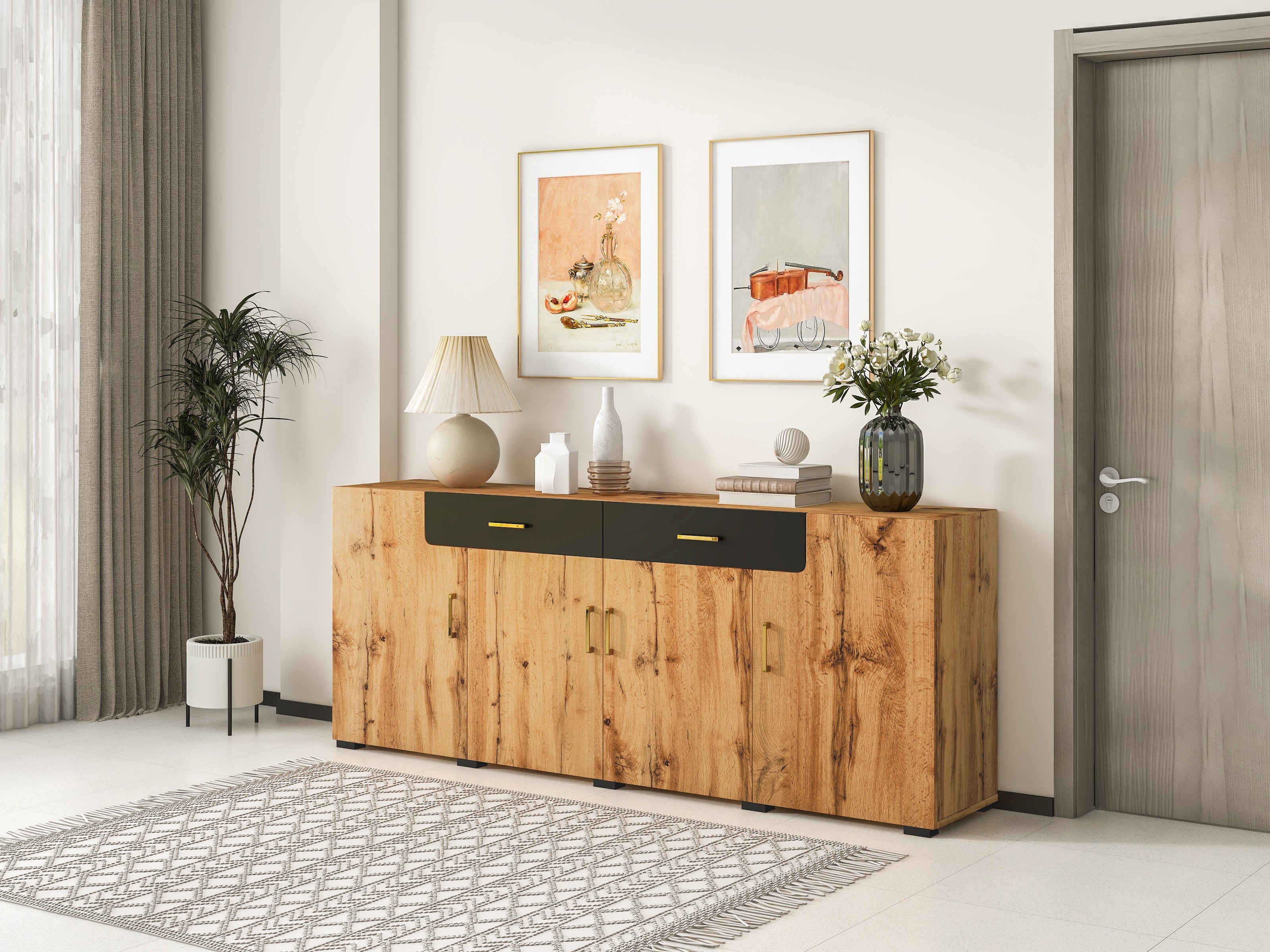 Logidon dressoir 208x39,5x80 cm bruin wit, 4 deuren, 2 lades