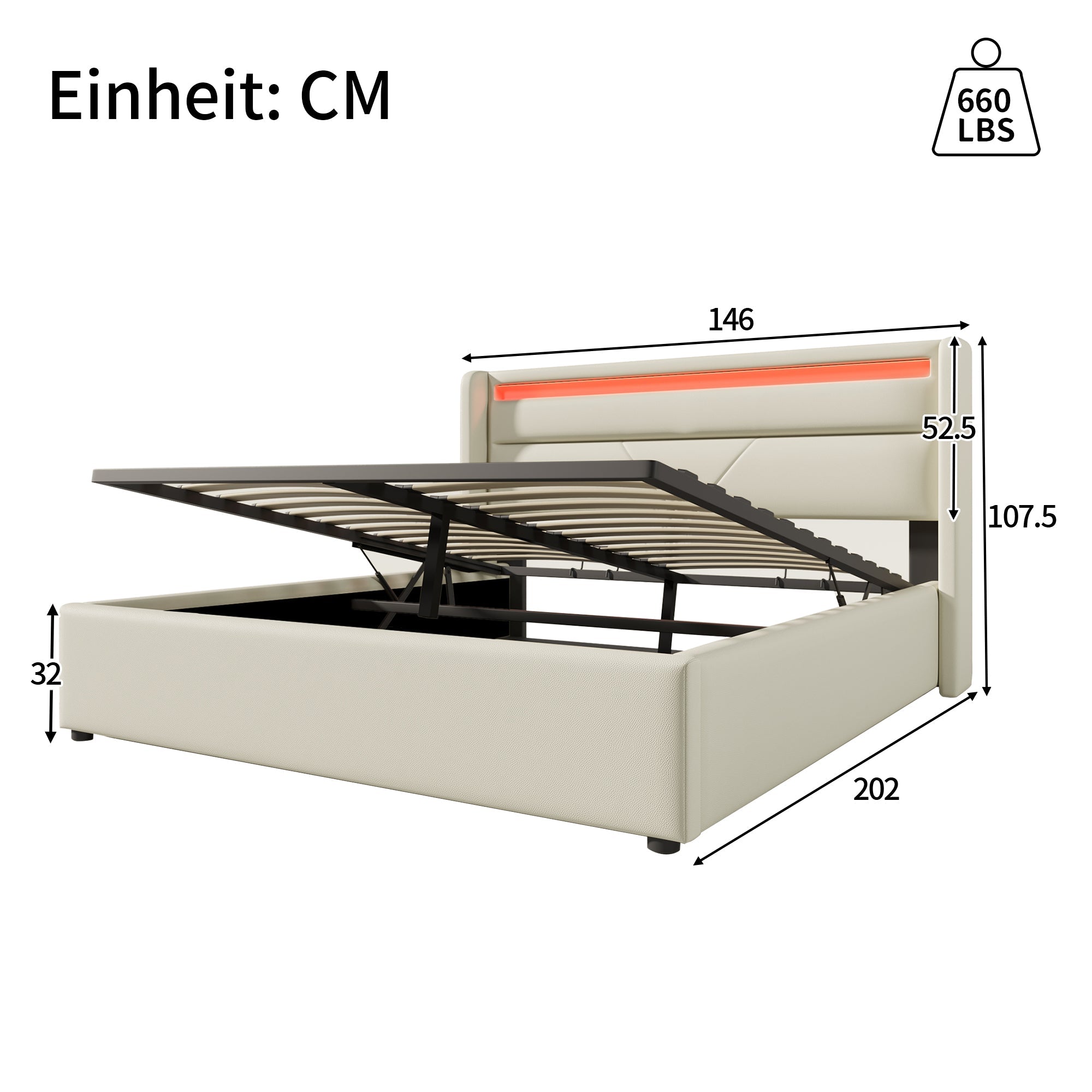 Logidon Hydraulisch Opbergbed Met LED Verlichting 140x200 Wit
