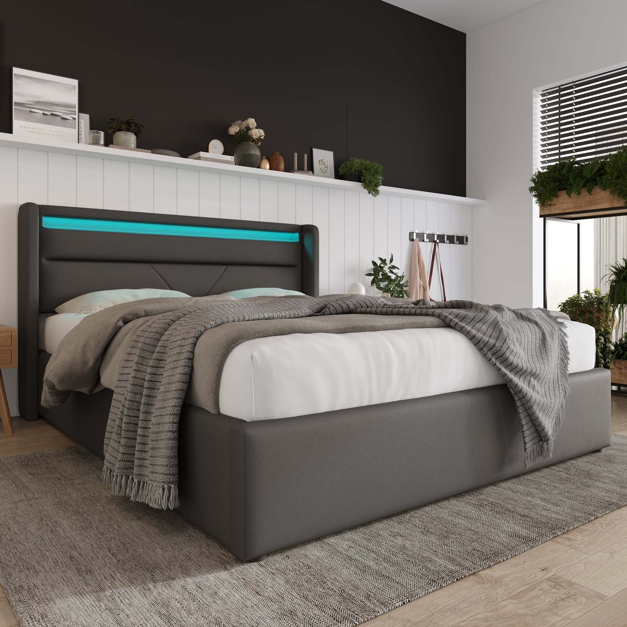 Logidon Hydraulic Storage Bed 140x200 Gray With LED Lighting