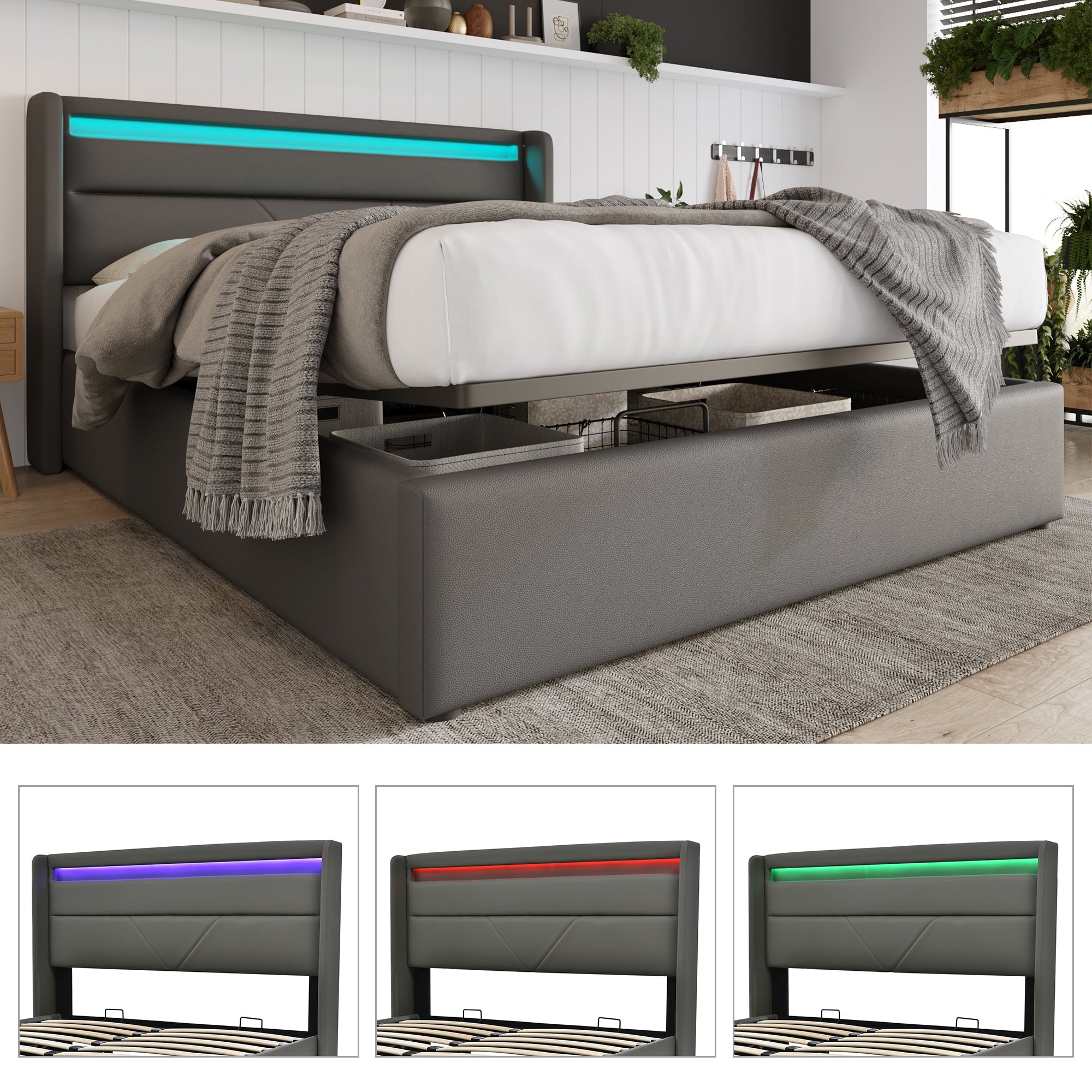 Logidon Hydraulic Storage Bed 140x200 Gray With LED Lighting