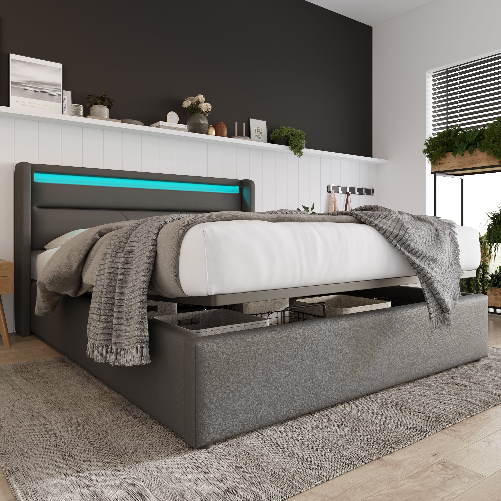 Logidon hydraulisch opbergbed 160x200 grijze LED-verlichting