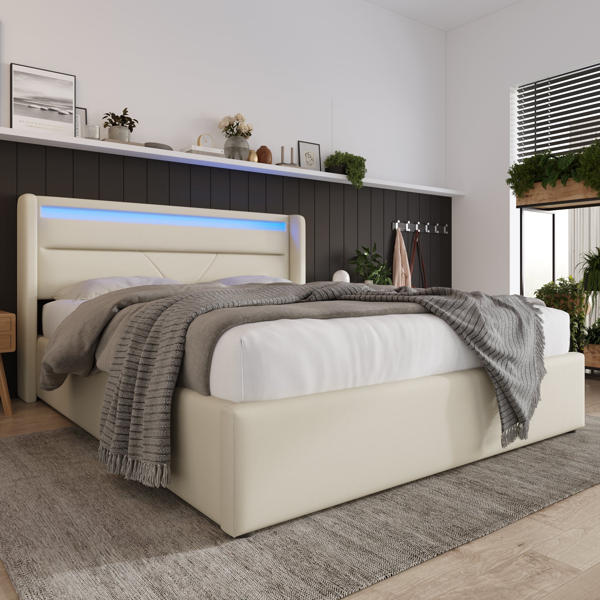 Logidon Hydraulisch Opbergbed Met LED Verlichting 160x200cm Wit
