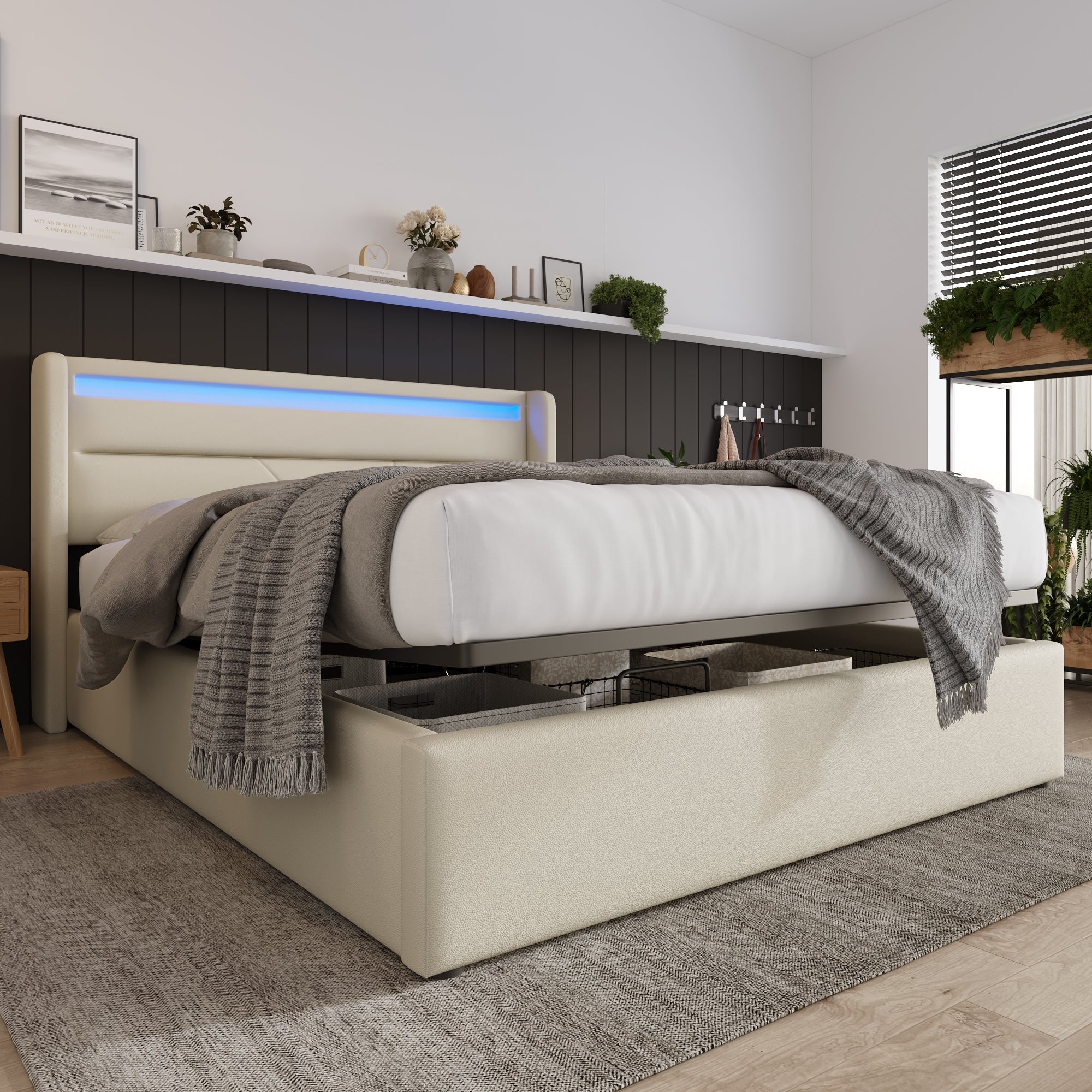 Logidon Hydraulisch Opbergbed 160x200 cm Wit Met LED Verlichting