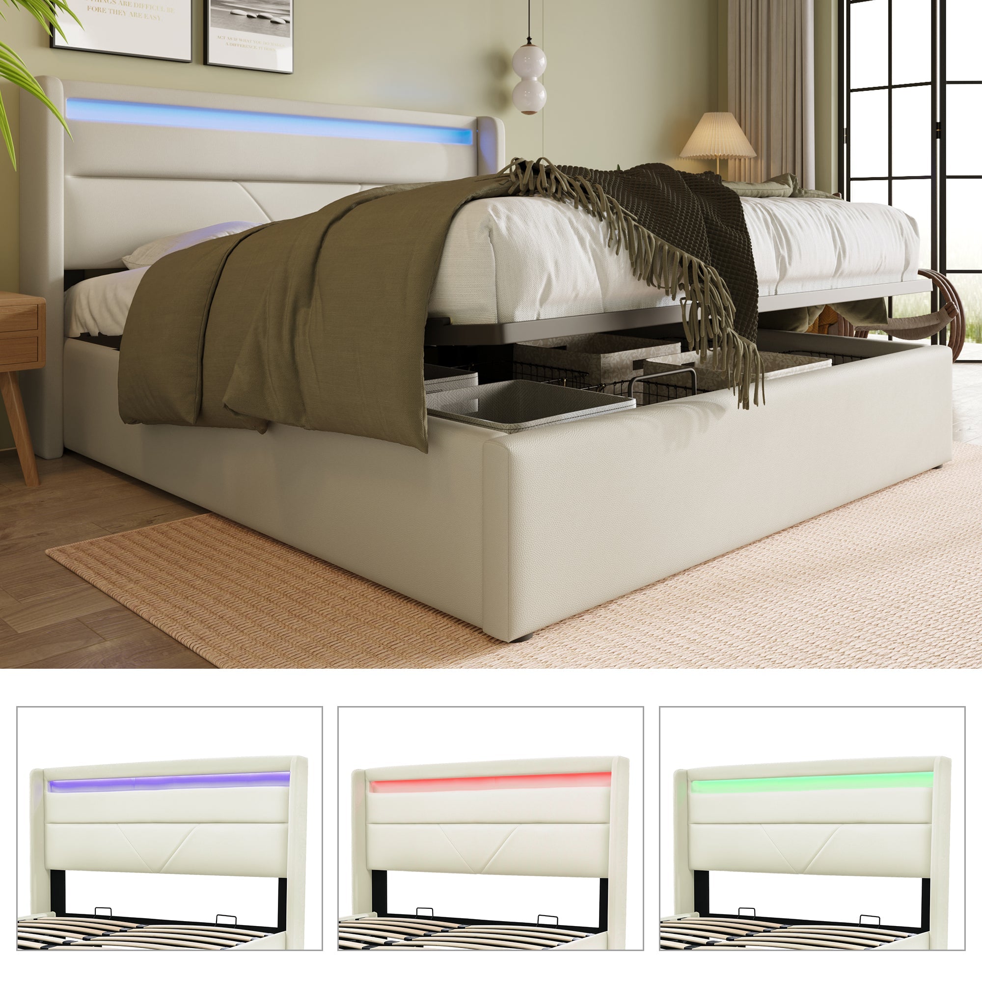 Logidon Hydraulisch Opbergbed 160x200 cm Wit Met LED Verlichting