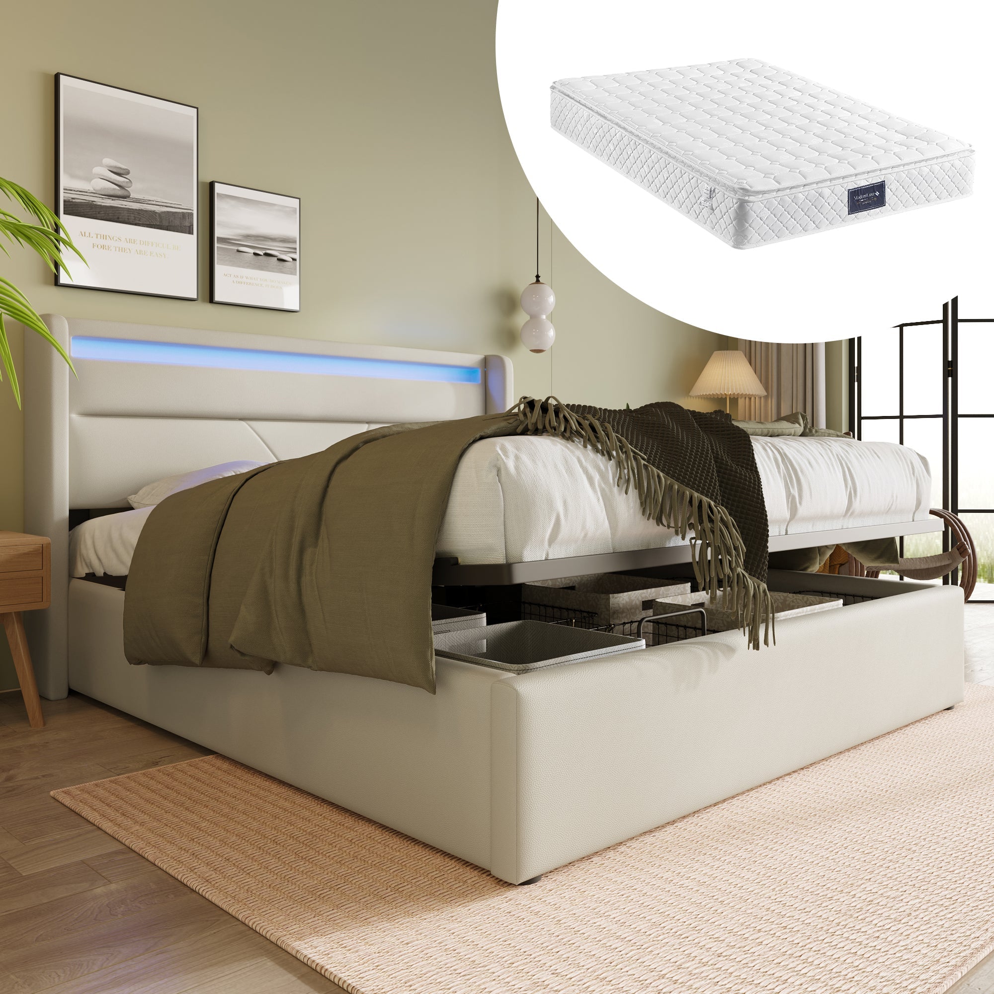 Logidon Hydraulisch Opbergbed Met LED Verlichting 160x200cm Wit
