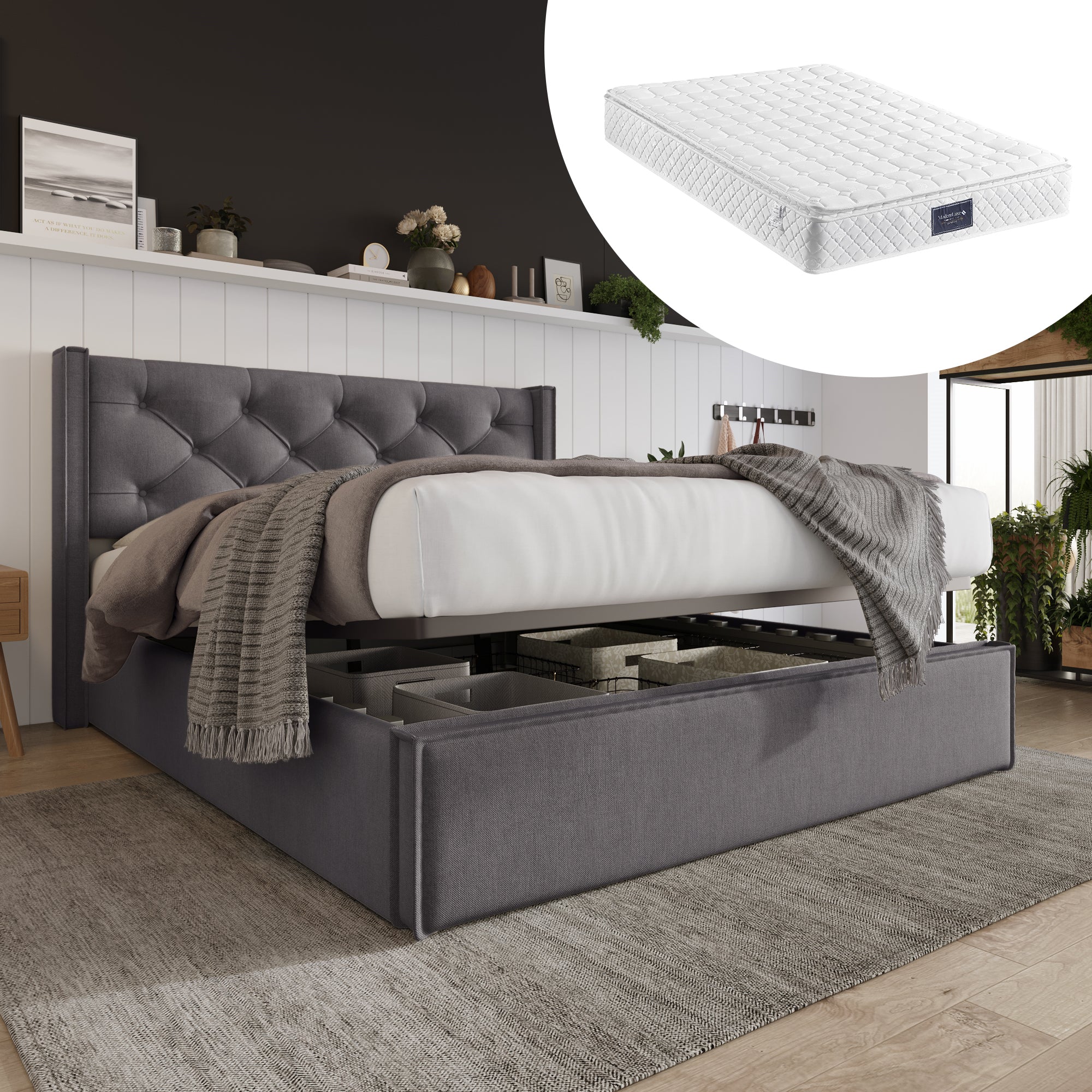 Logidon tweepersoonsbed gestoffeerd bed 140x200 grijs met hydraulische opbergruimte