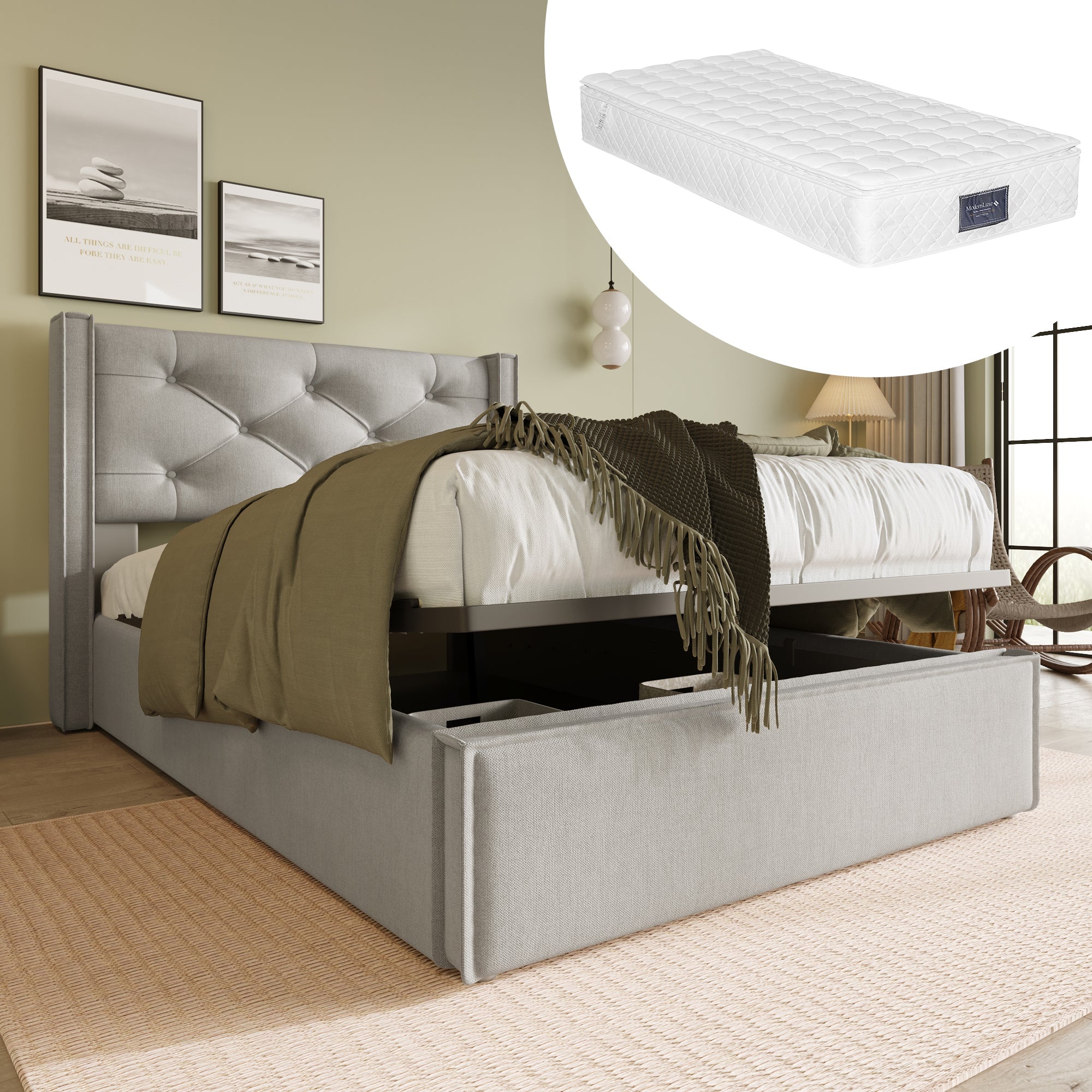 Logidon Hydraulisch gestoffeerd bed 90x200 lichtgrijs met opbergruimte