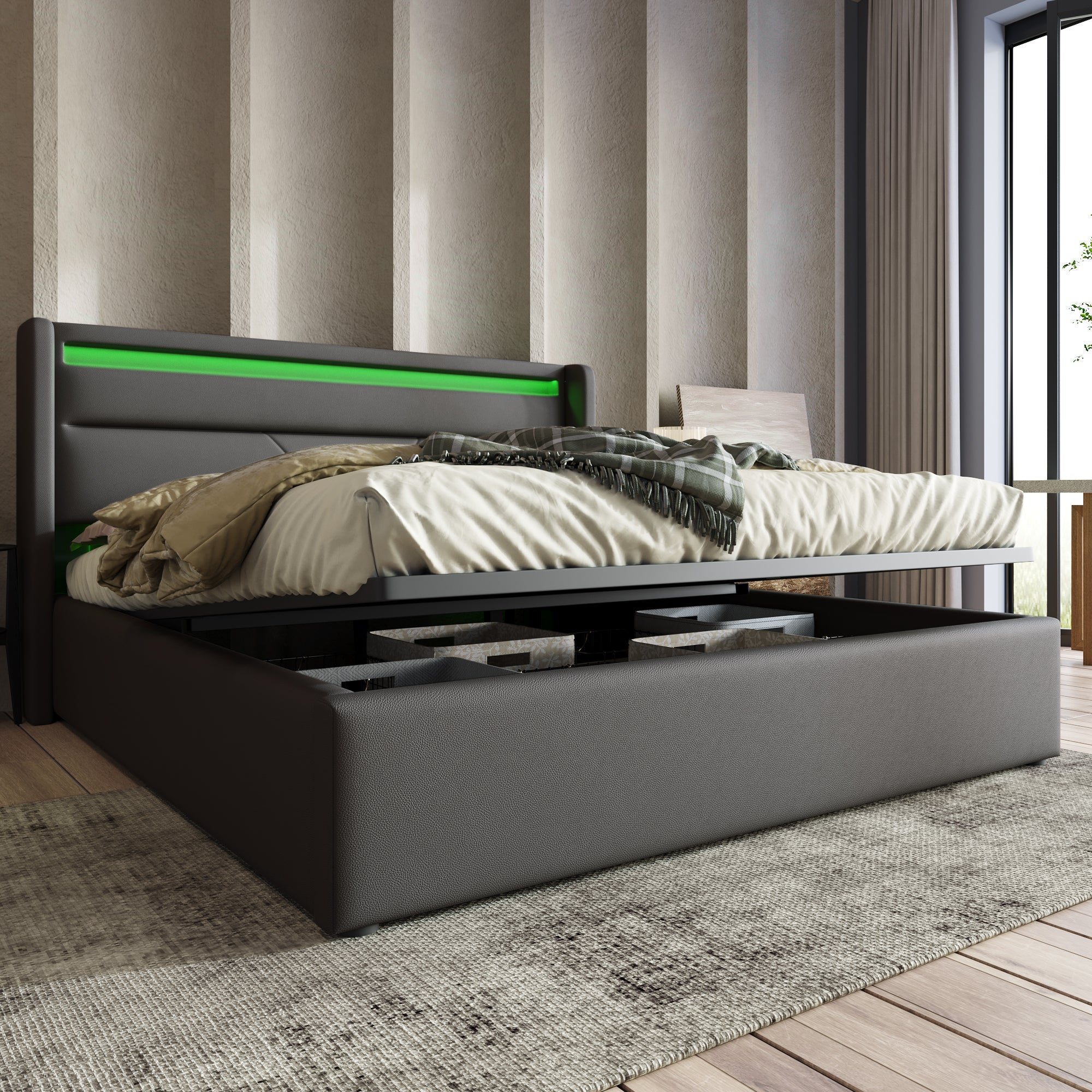 Logidon hydraulisch opbergbed 140x200 grijze LED-verlichting