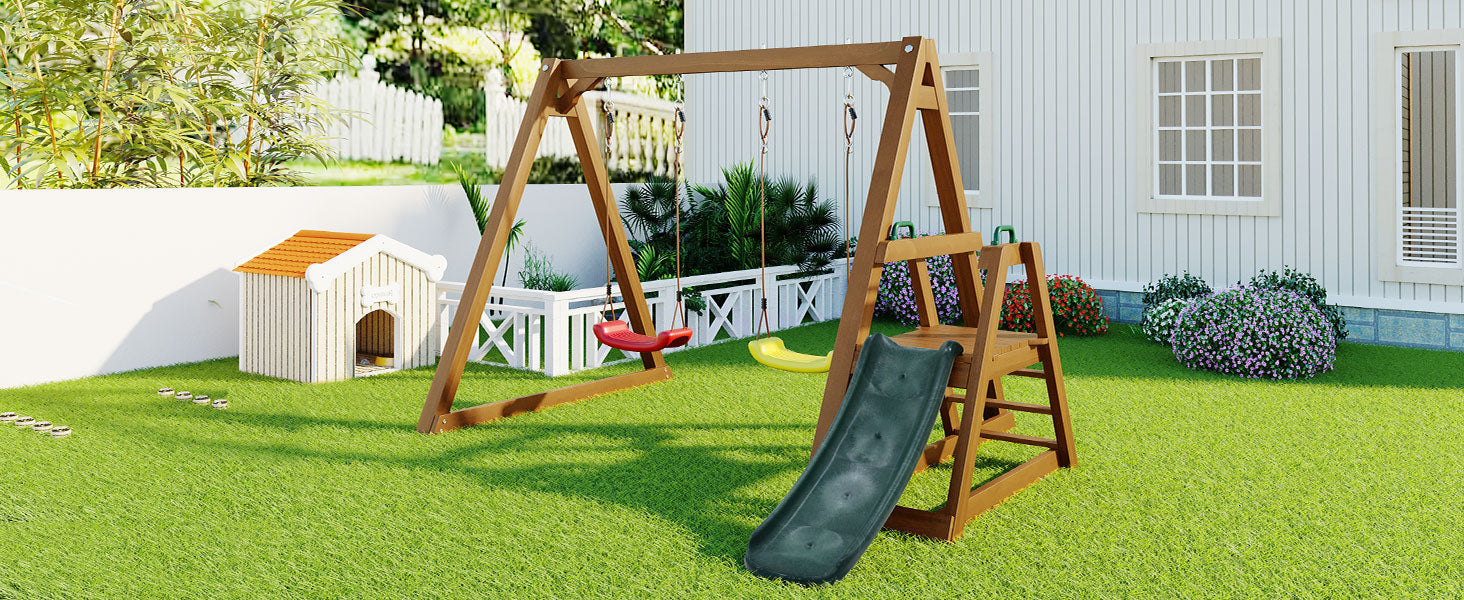 Logidon dubbele kinderschommel met glijbaan en ladder van massief hout