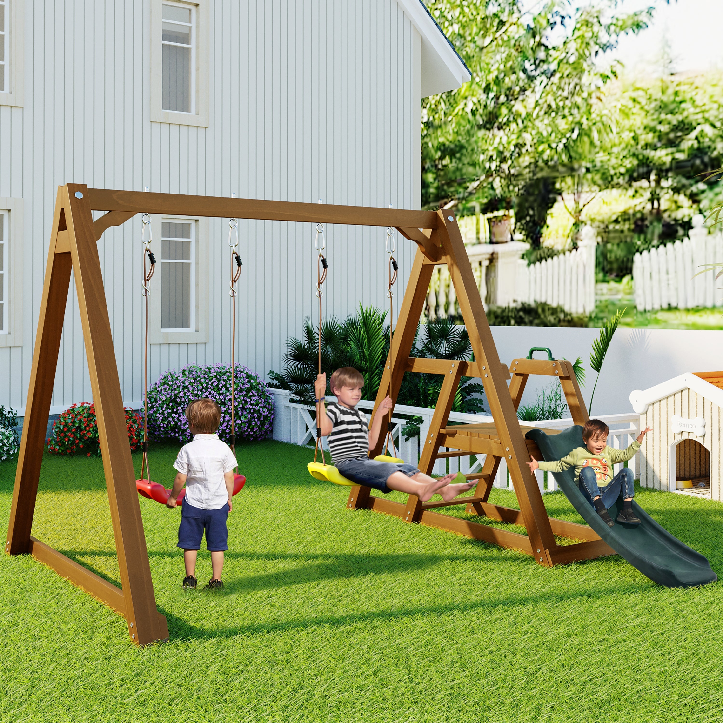 Logidon dubbele kinderschommel met glijbaan en ladder van massief hout