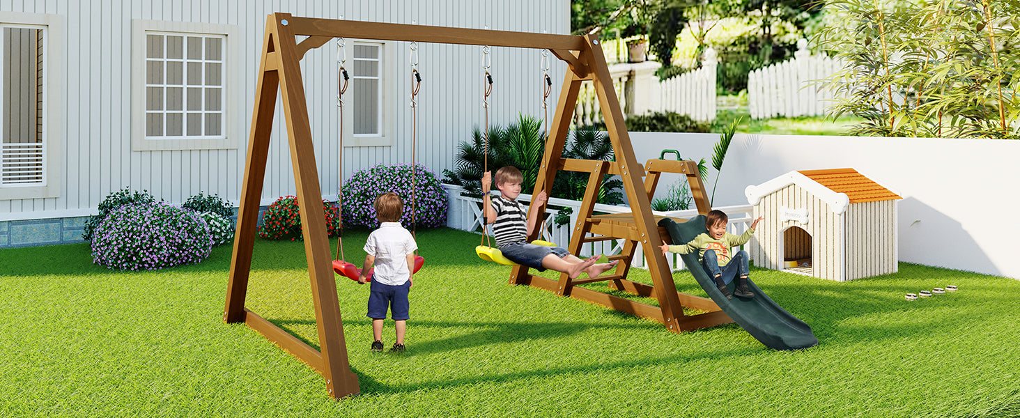 Logidon dubbele kinderschommel met glijbaan en ladder van massief hout