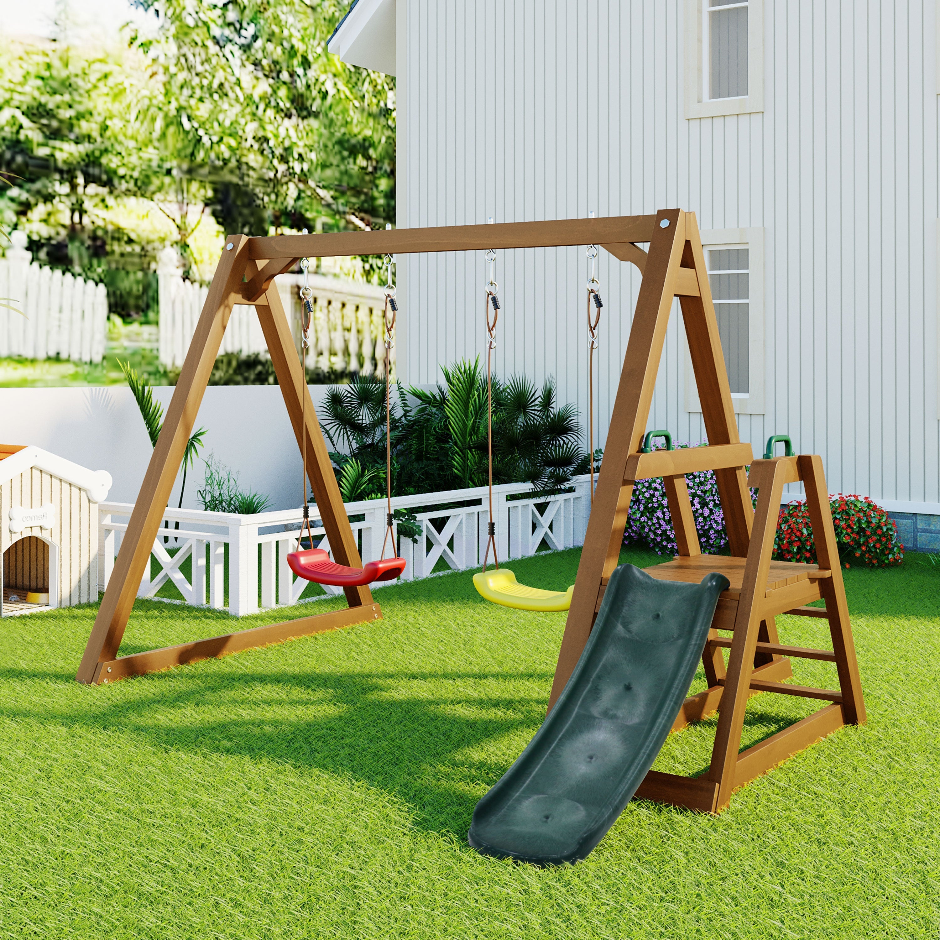 Logidon dubbele kinderschommel met glijbaan en ladder van massief hout