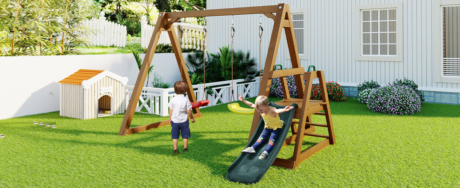 Logidon dubbele kinderschommel met glijbaan en ladder van massief hout