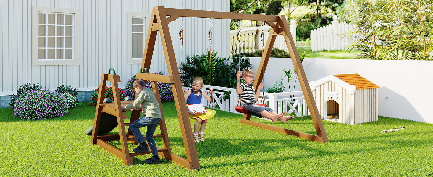 Logidon dubbele kinderschommel met glijbaan en ladder van massief hout