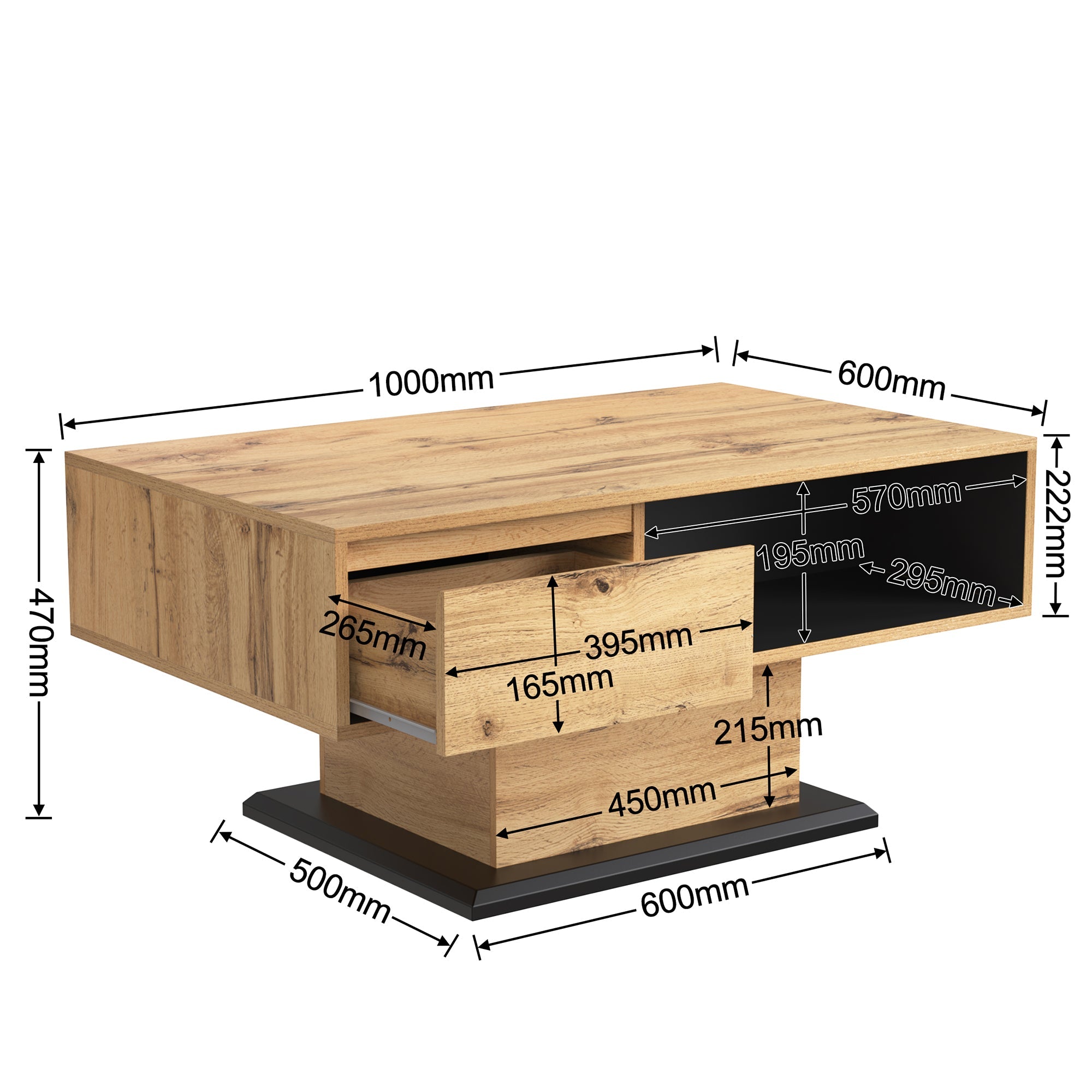 Logidon Houtnerf salontafel vierkant bruin-zwart met greeploze lade