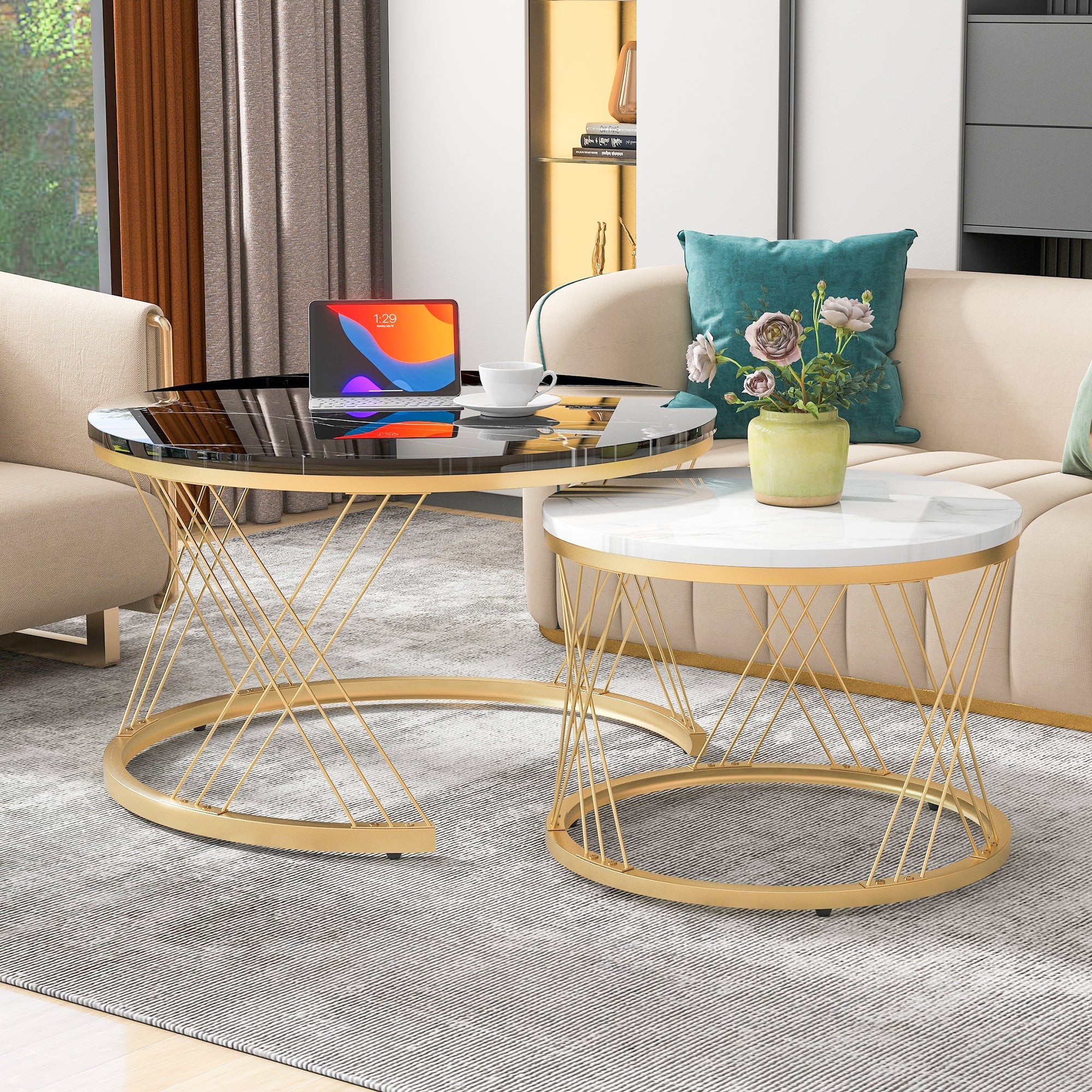 Logidon Modern Nesting Coffee Table Set Marble Veneer Gold Frame Set of 2