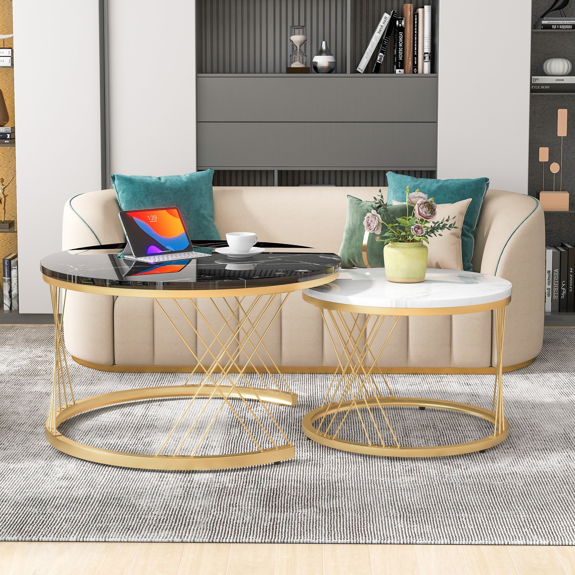 Logidon Modern Nesting Coffee Table Set Marble Veneer Gold Frame Set of 2
