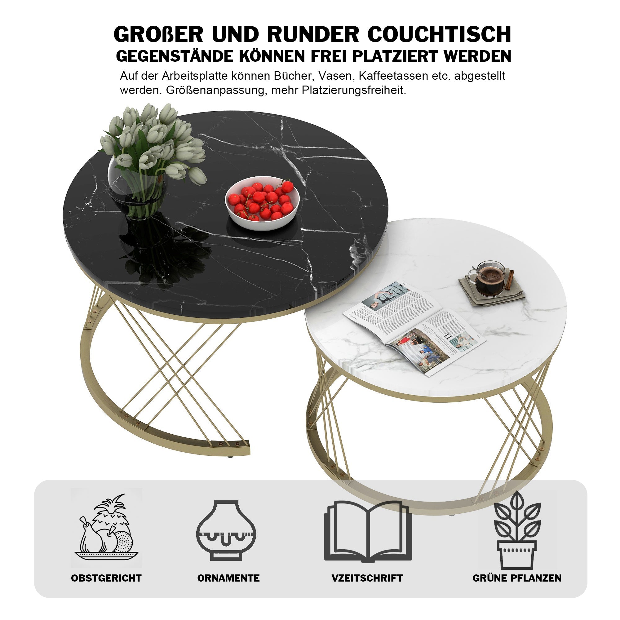 Logidon Modern Nesting Coffee Table Set Marble Veneer Gold Frame Set of 2