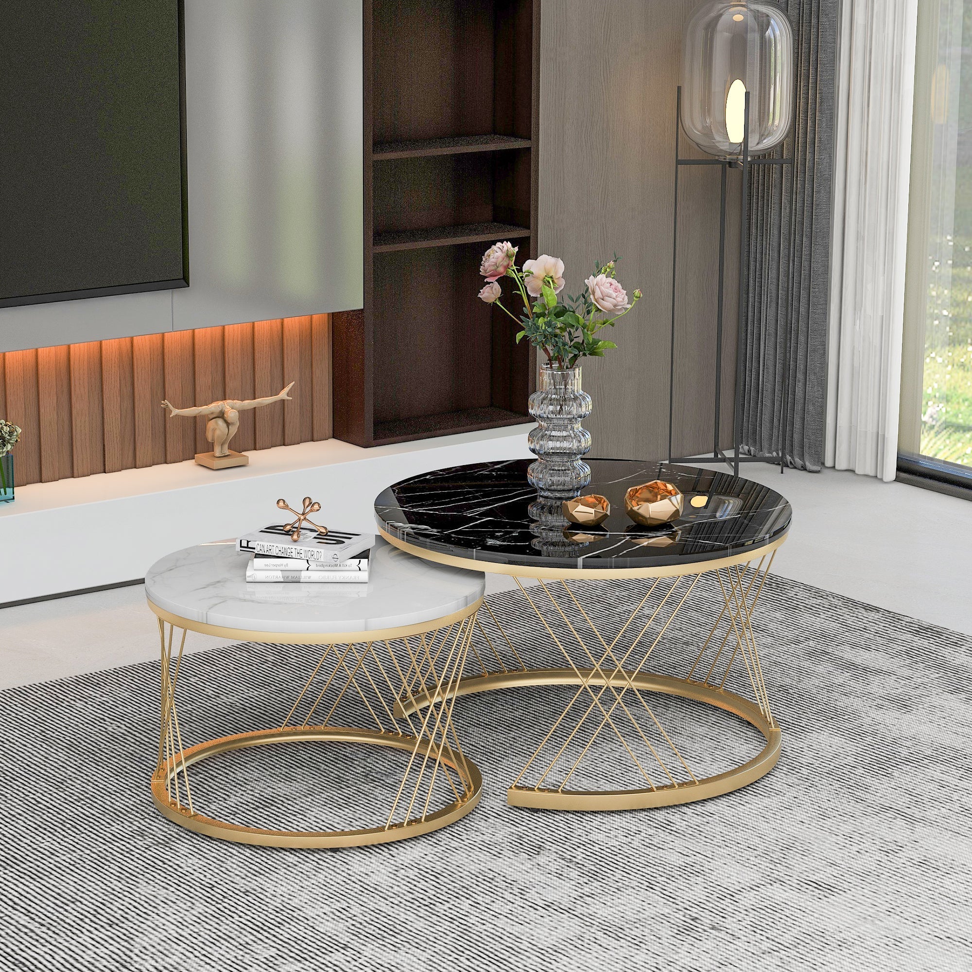 Logidon moderne salontafelset met marmeren fineer en gouden frame, set van 2