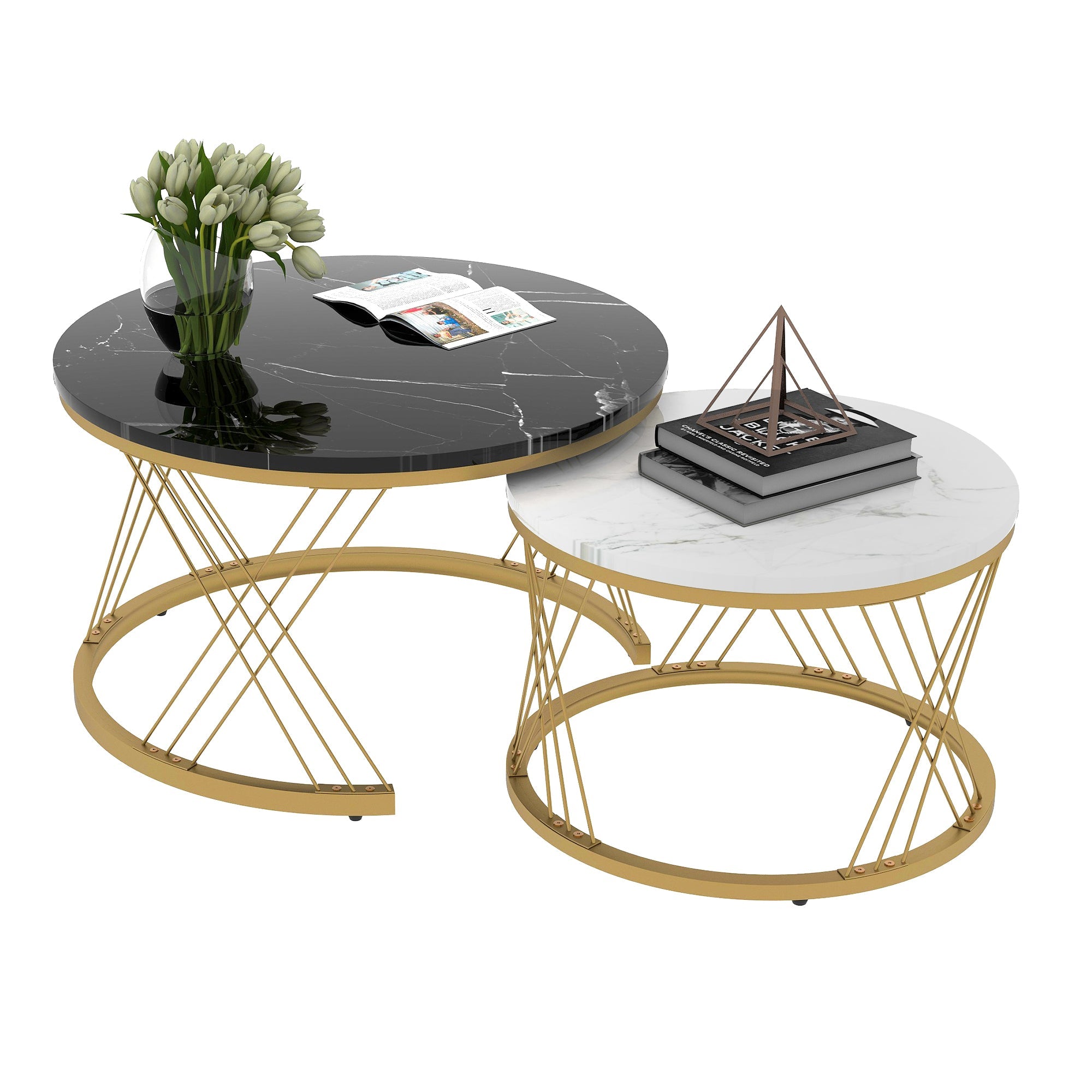 Logidon moderne salontafelset met marmeren fineer en gouden frame, set van 2