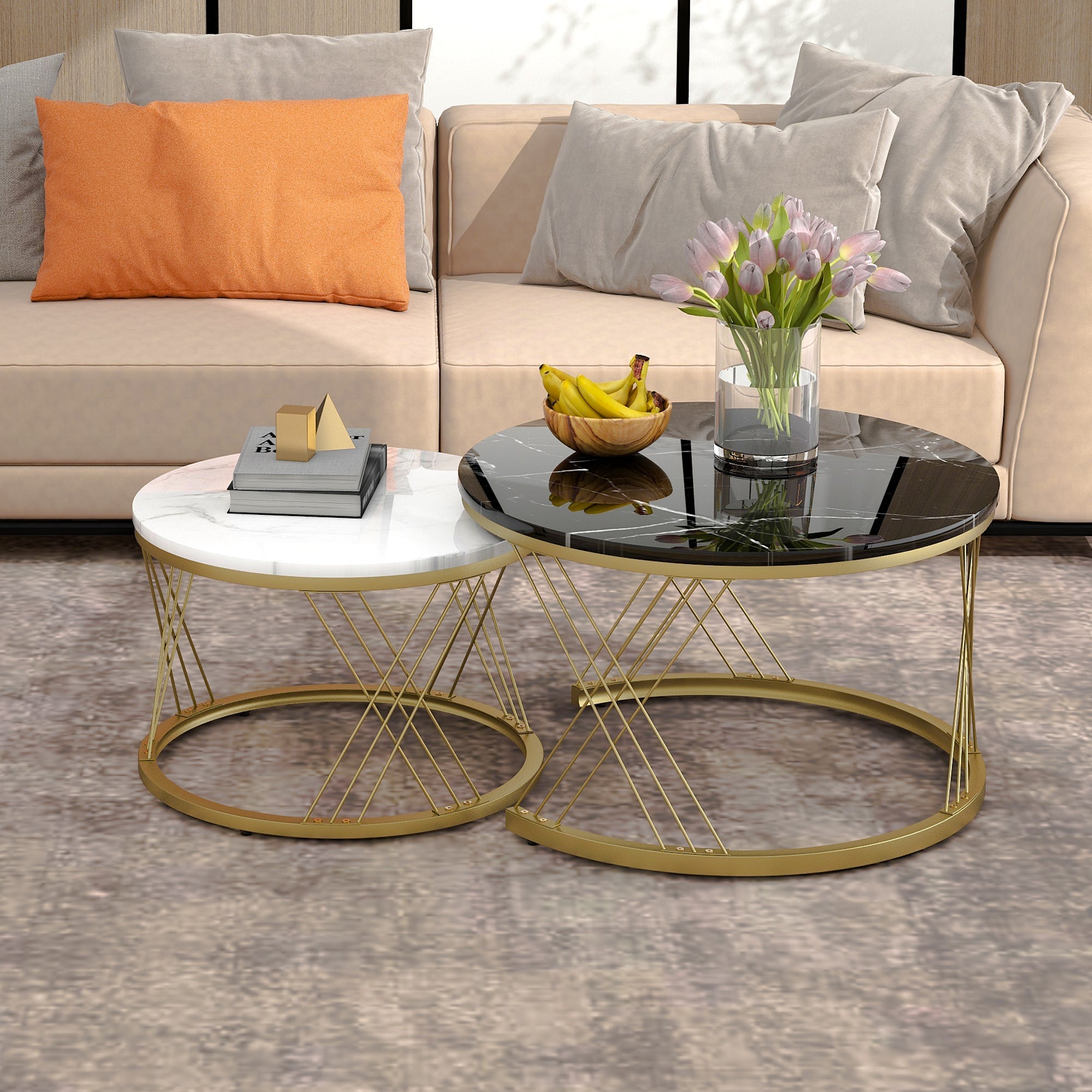 Logidon Modern Nesting Coffee Table Set Marble Veneer Gold Frame Set of 2