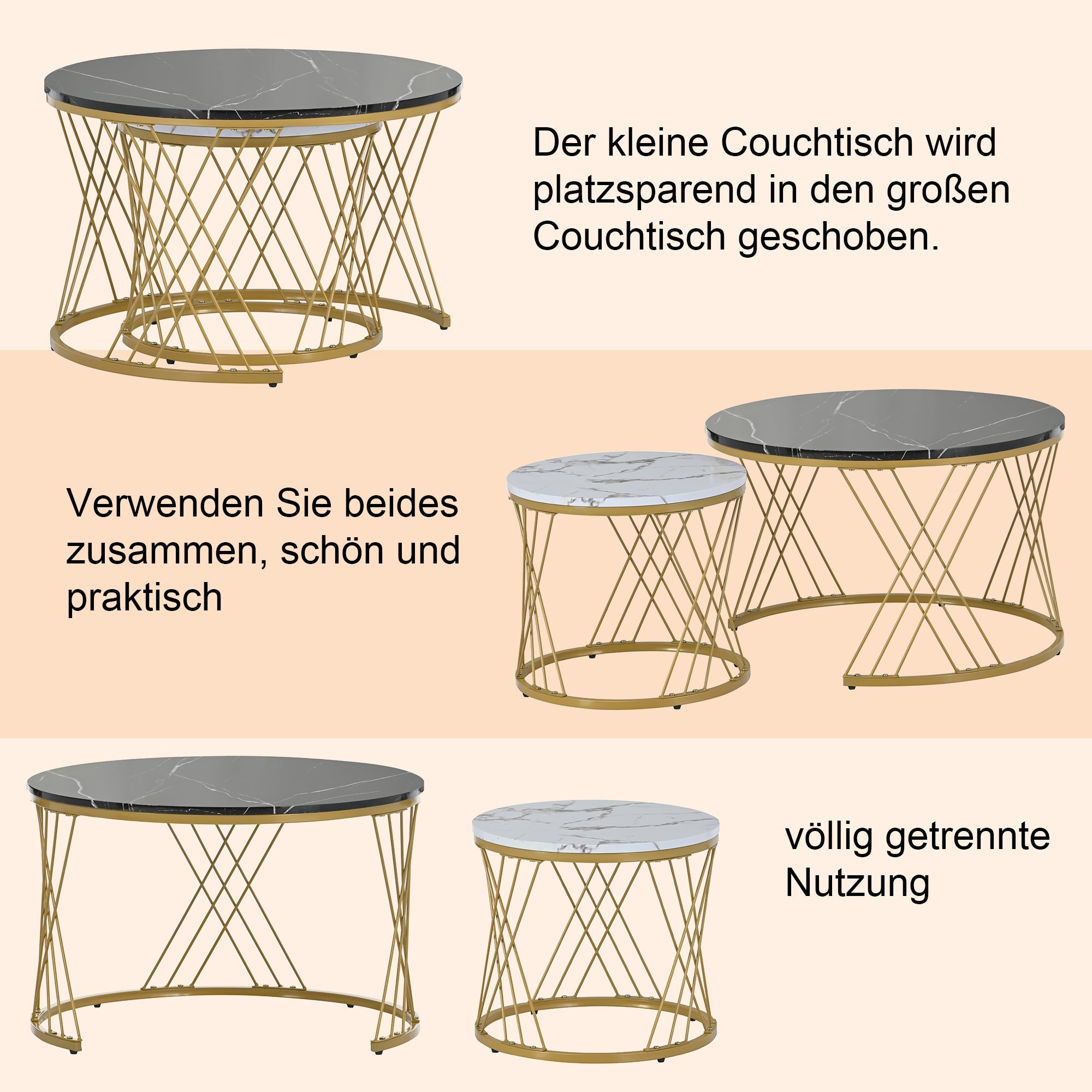 Logidon Modern Nesting Coffee Table Set Marble Veneer Gold Frame Set of 2