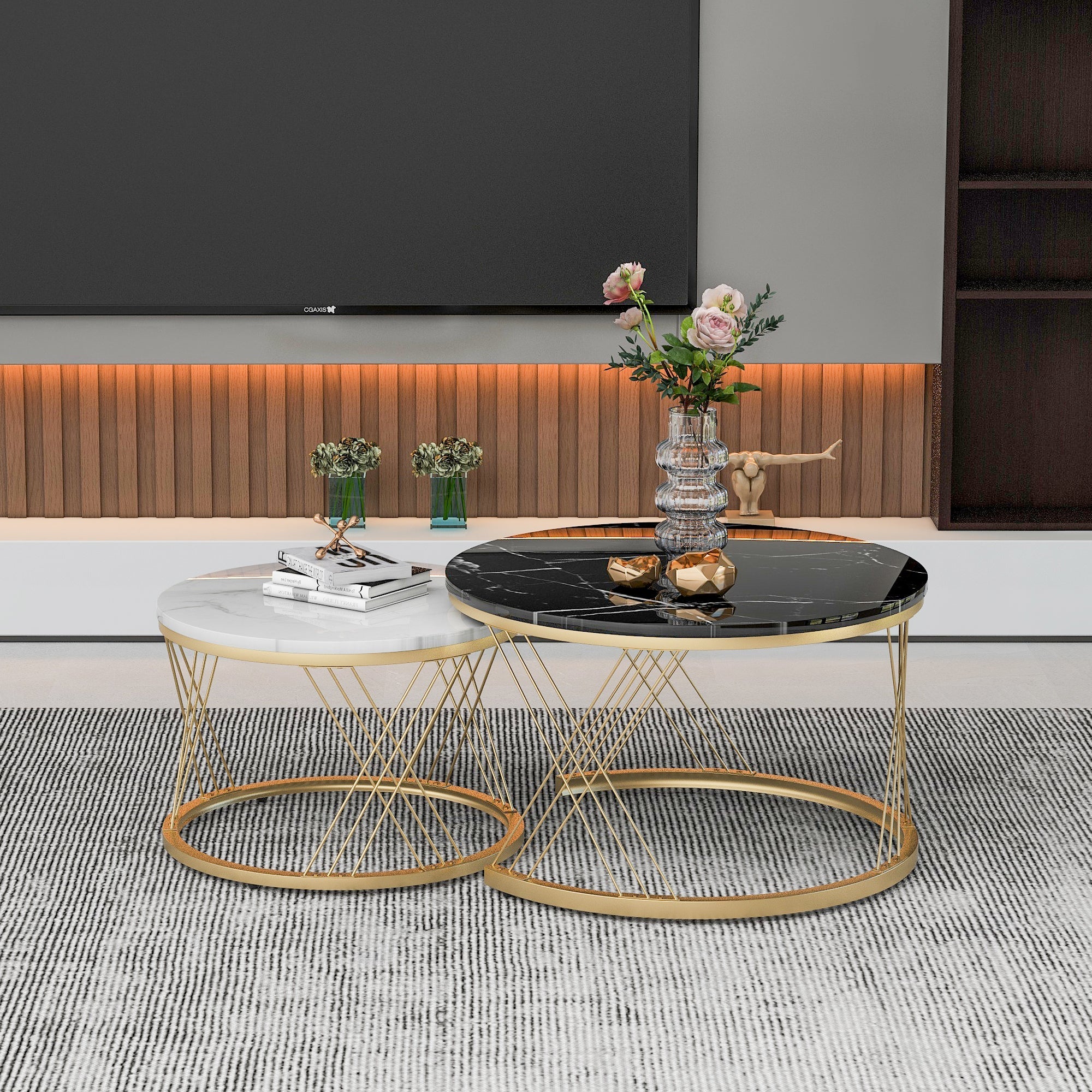 Logidon Modern Nesting Coffee Table Set Marble Veneer Gold Frame Set of 2