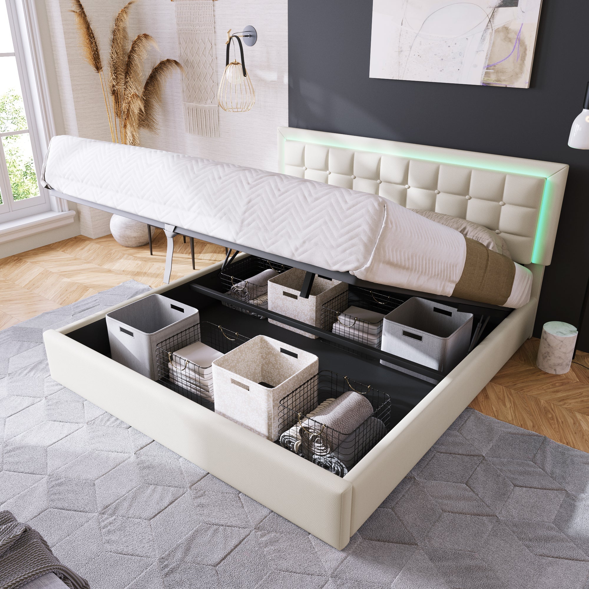 Logidon gestoffeerd bed 160x200 met LED verlichting opbergruimte matras wit