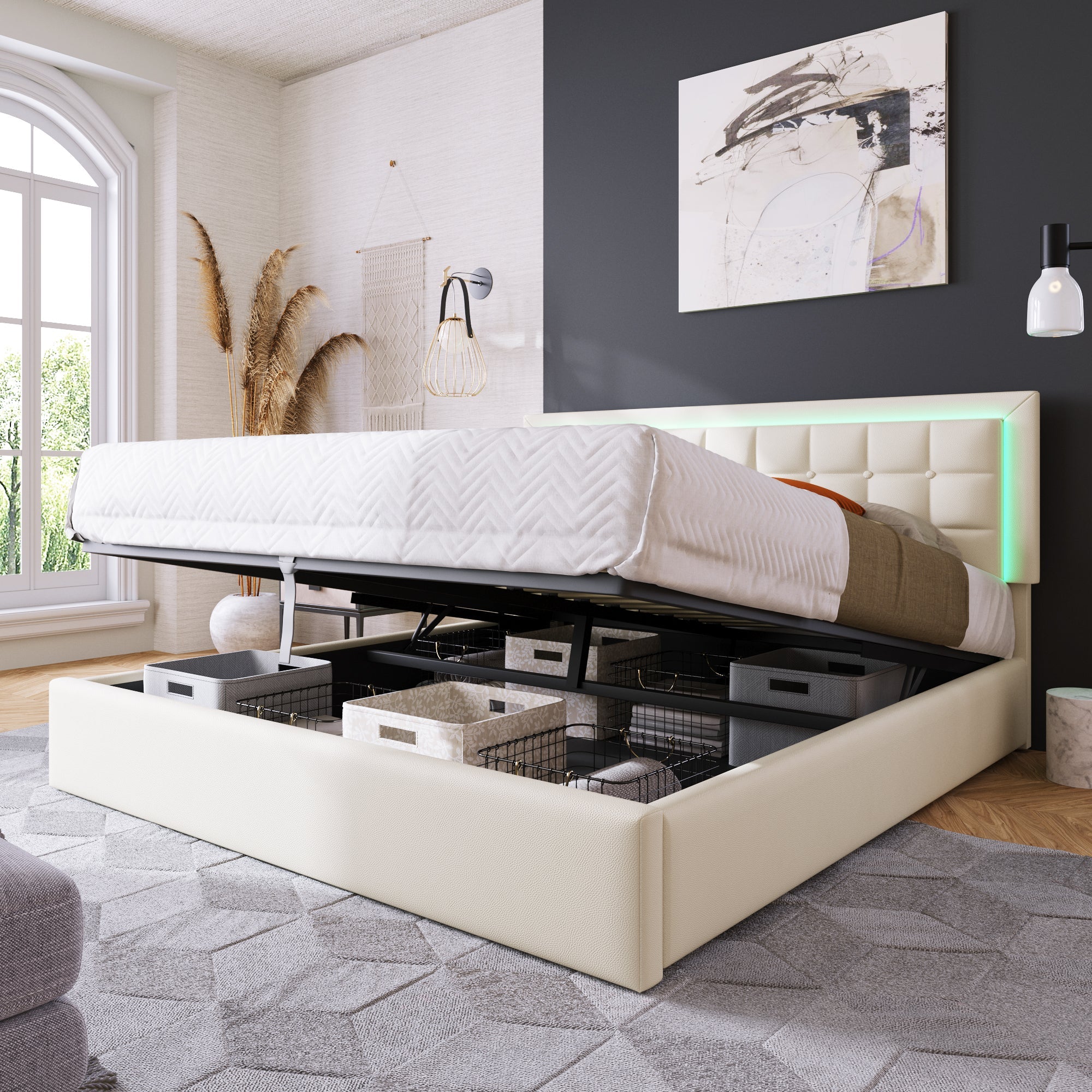 Logidon upholstered bed 140x200 cm white with storage space and LED lighting