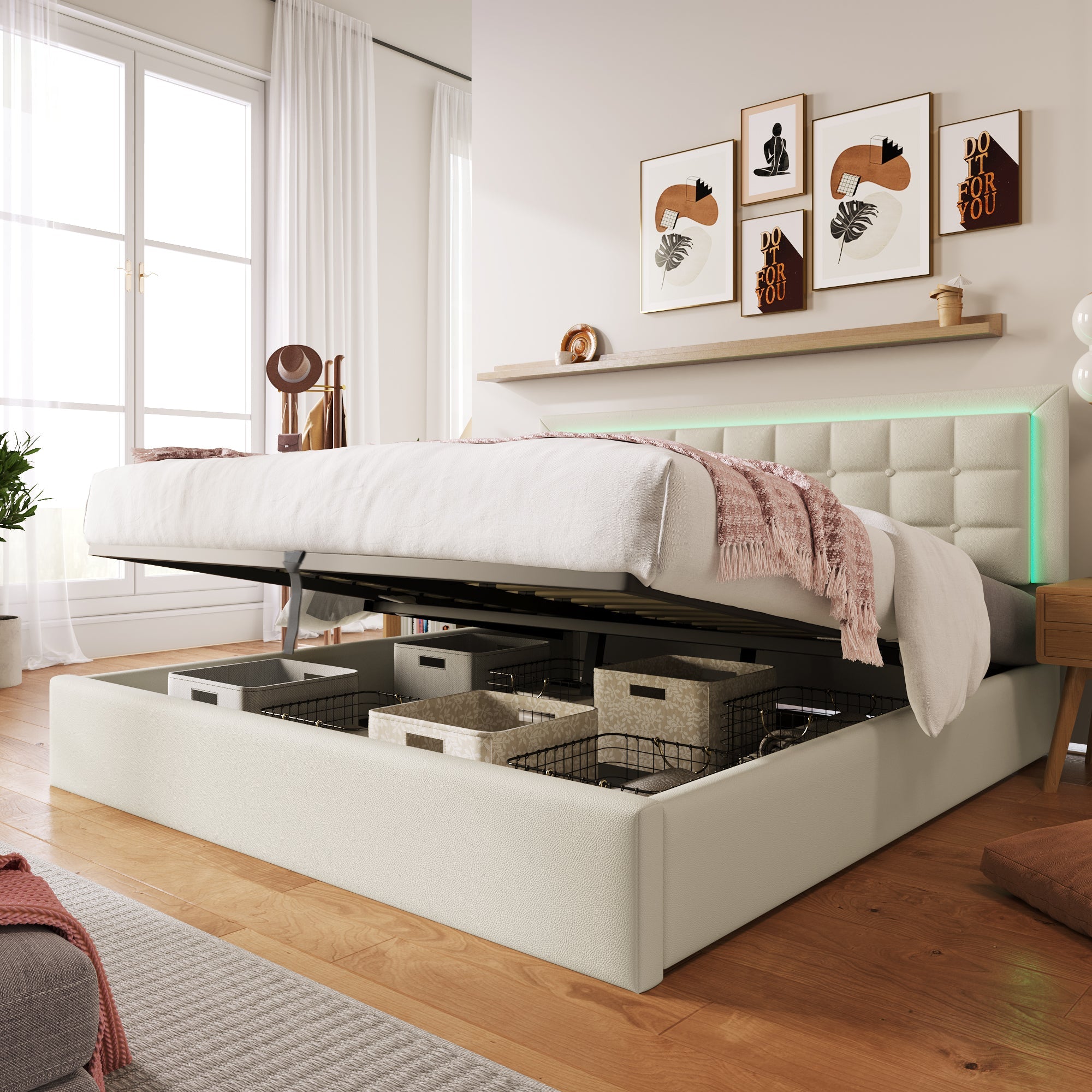 Logidon gestoffeerd bed met lattenbodem en opbergruimte wit 180x200 kunstleer