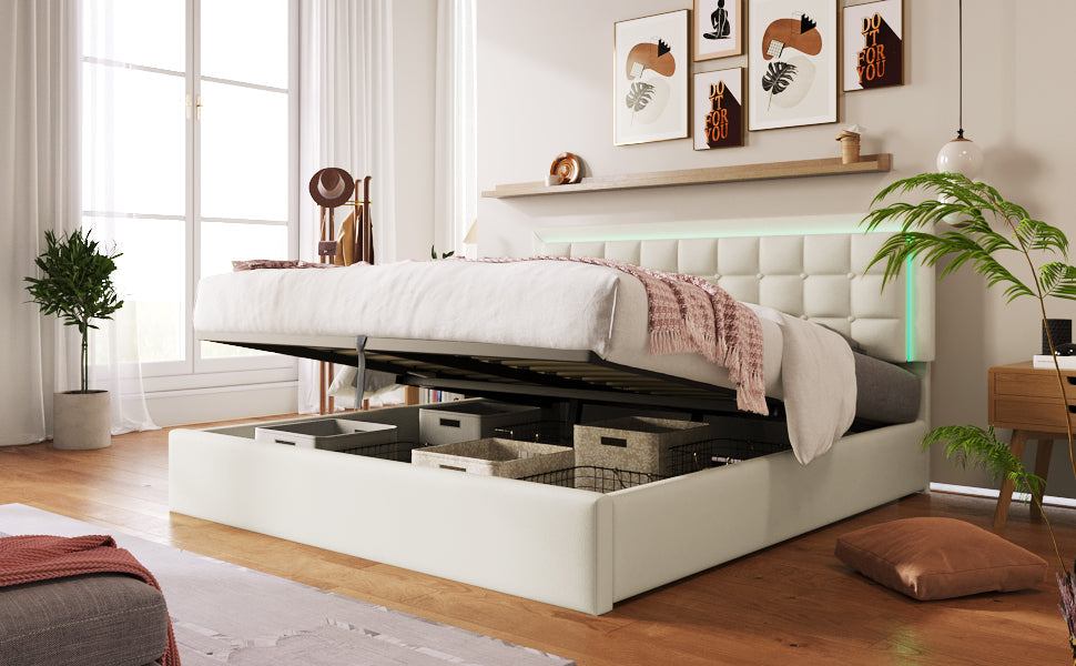 Logidon upholstered bed 140x200 cm white with storage space and LED lighting
