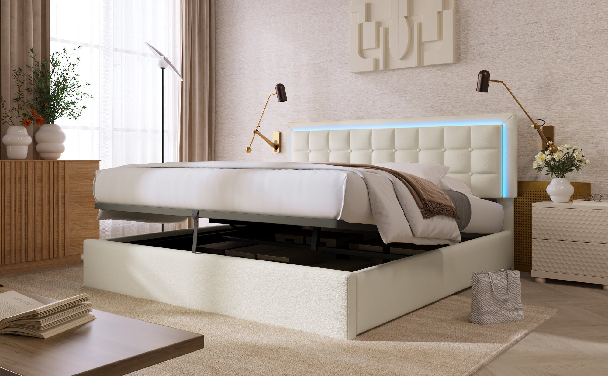 Logidon gestoffeerd bed met lattenbodem en opbergruimte wit 180x200 kunstleer