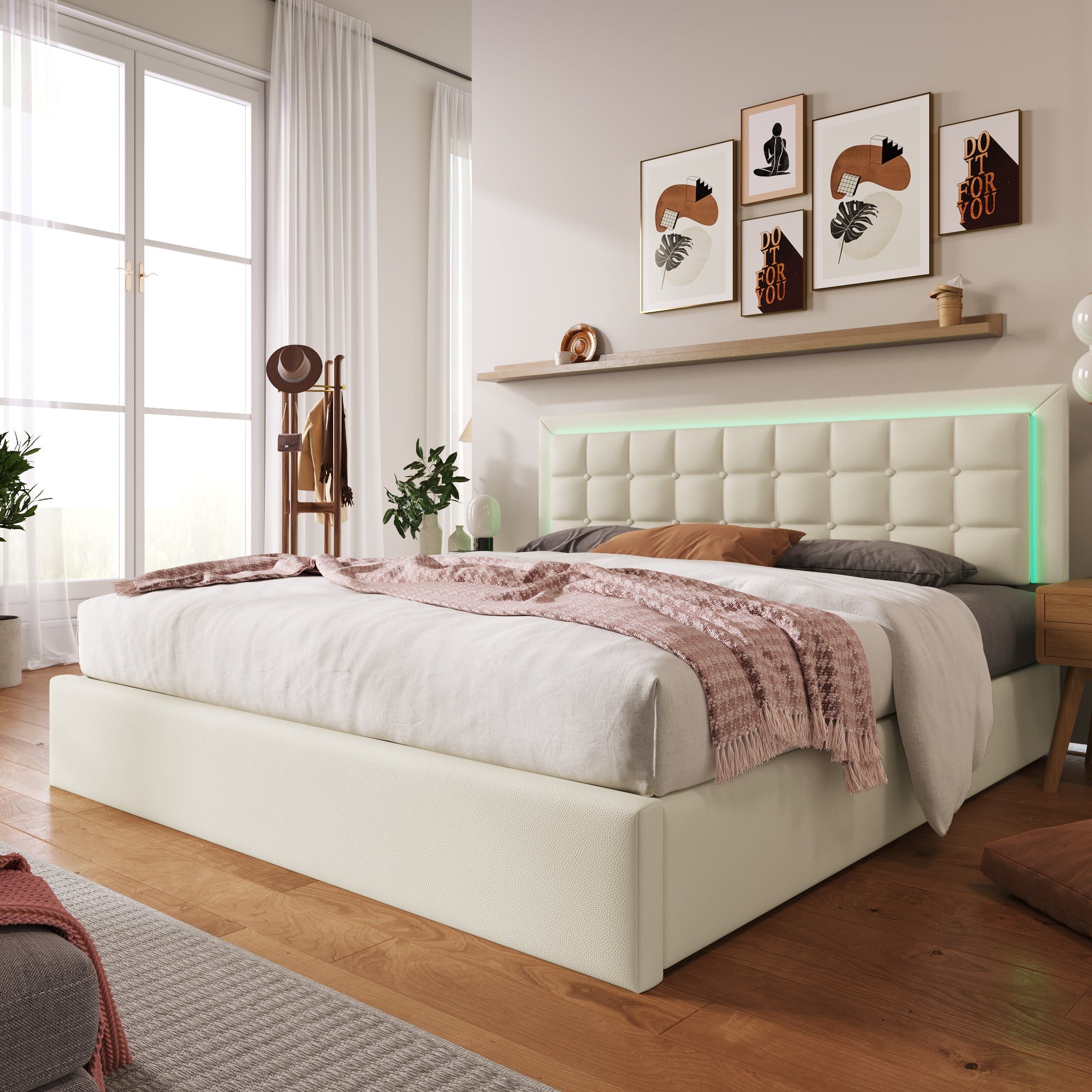 Logidon upholstered bed 140x200 cm white with storage space and LED lighting