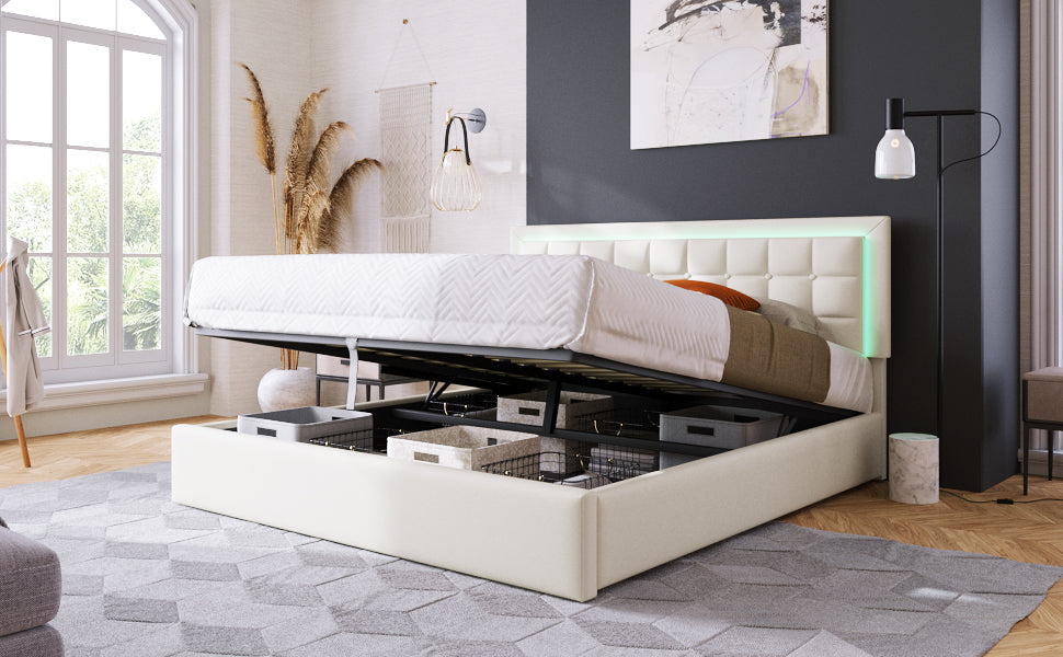 Logidon upholstered bed 140x200 cm white with storage space and LED lighting