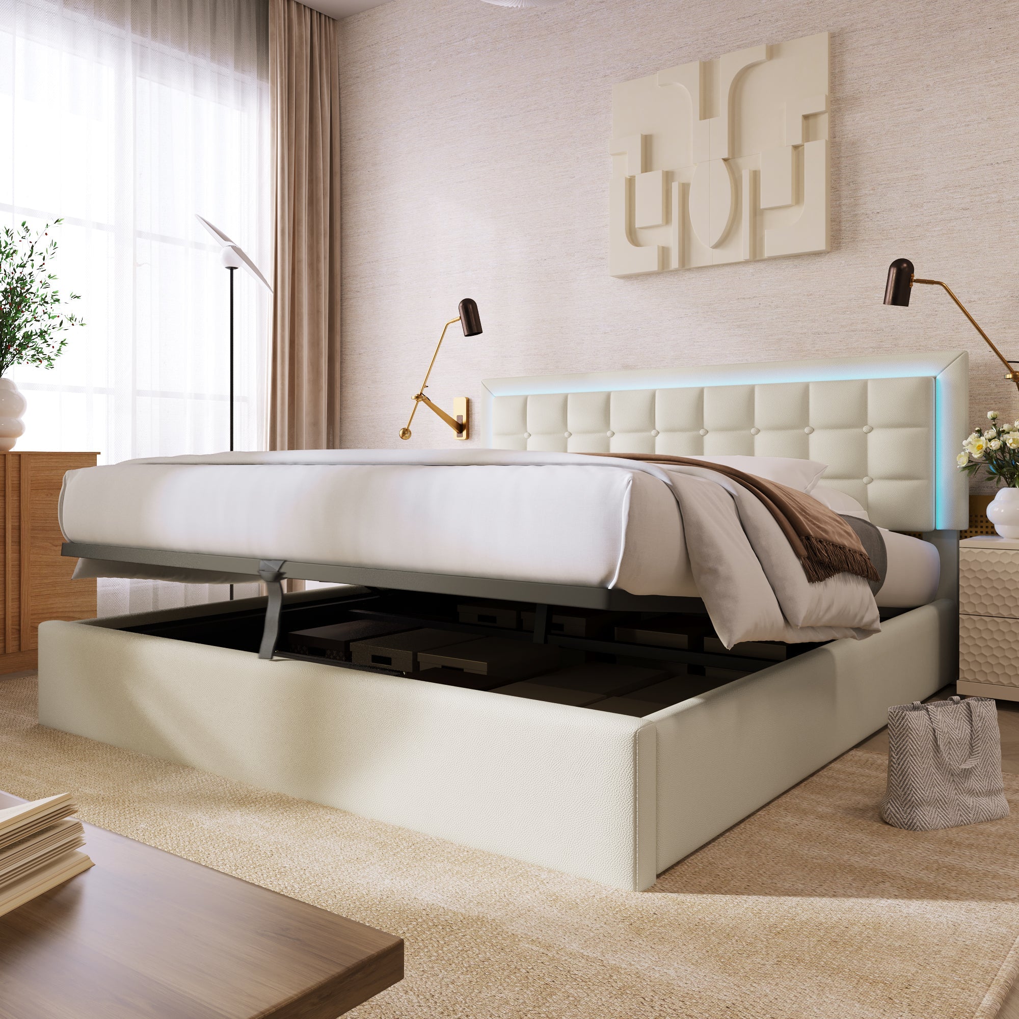 Logidon gestoffeerd bed met lattenbodem en opbergruimte wit 180x200 kunstleer