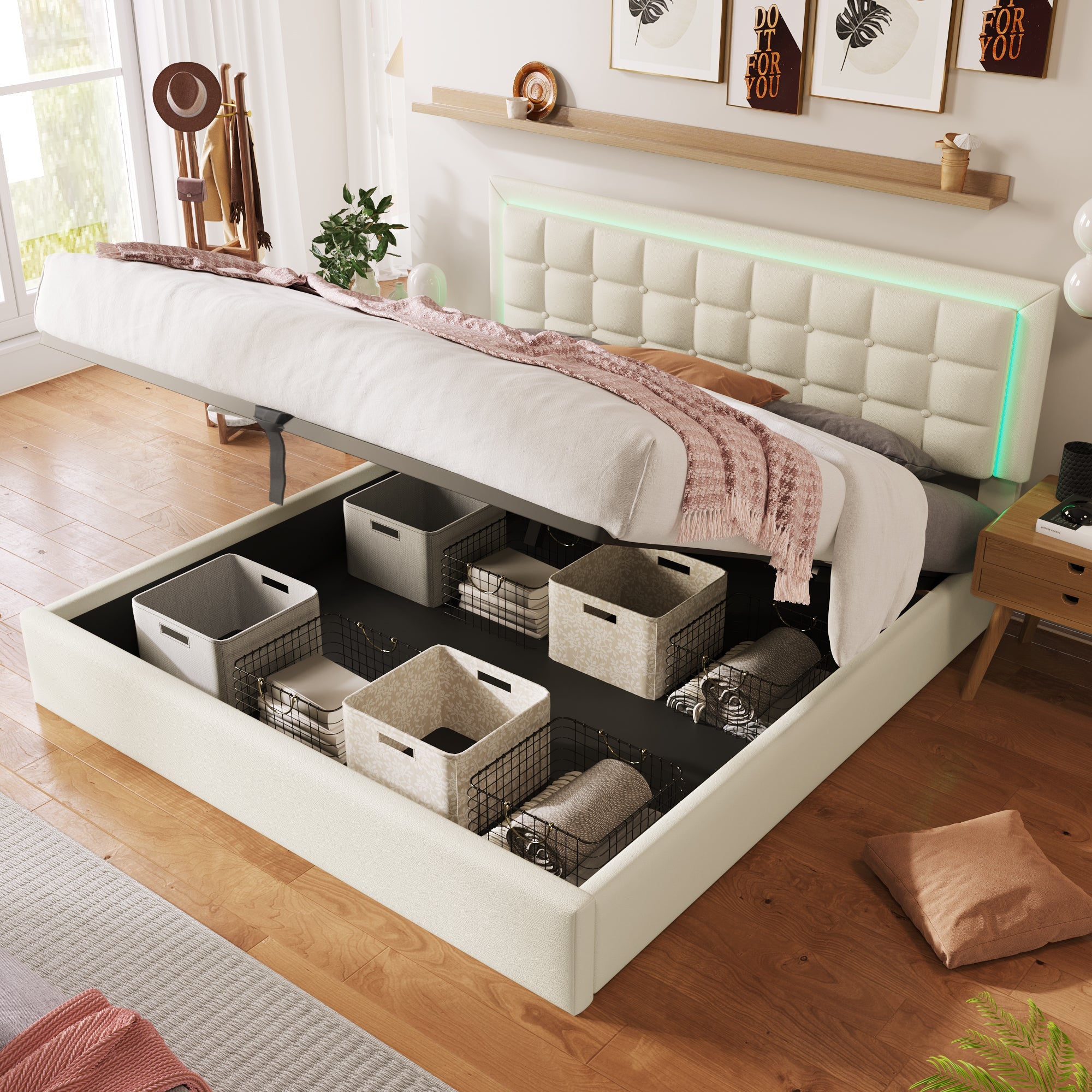 Logidon gestoffeerd bed 160x200 met LED verlichting opbergruimte matras wit