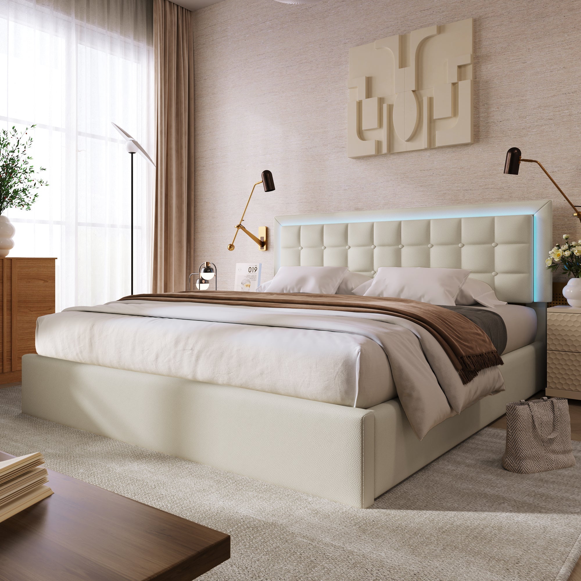 Logidon gestoffeerd bed 160x200 met LED verlichting opbergruimte matras wit