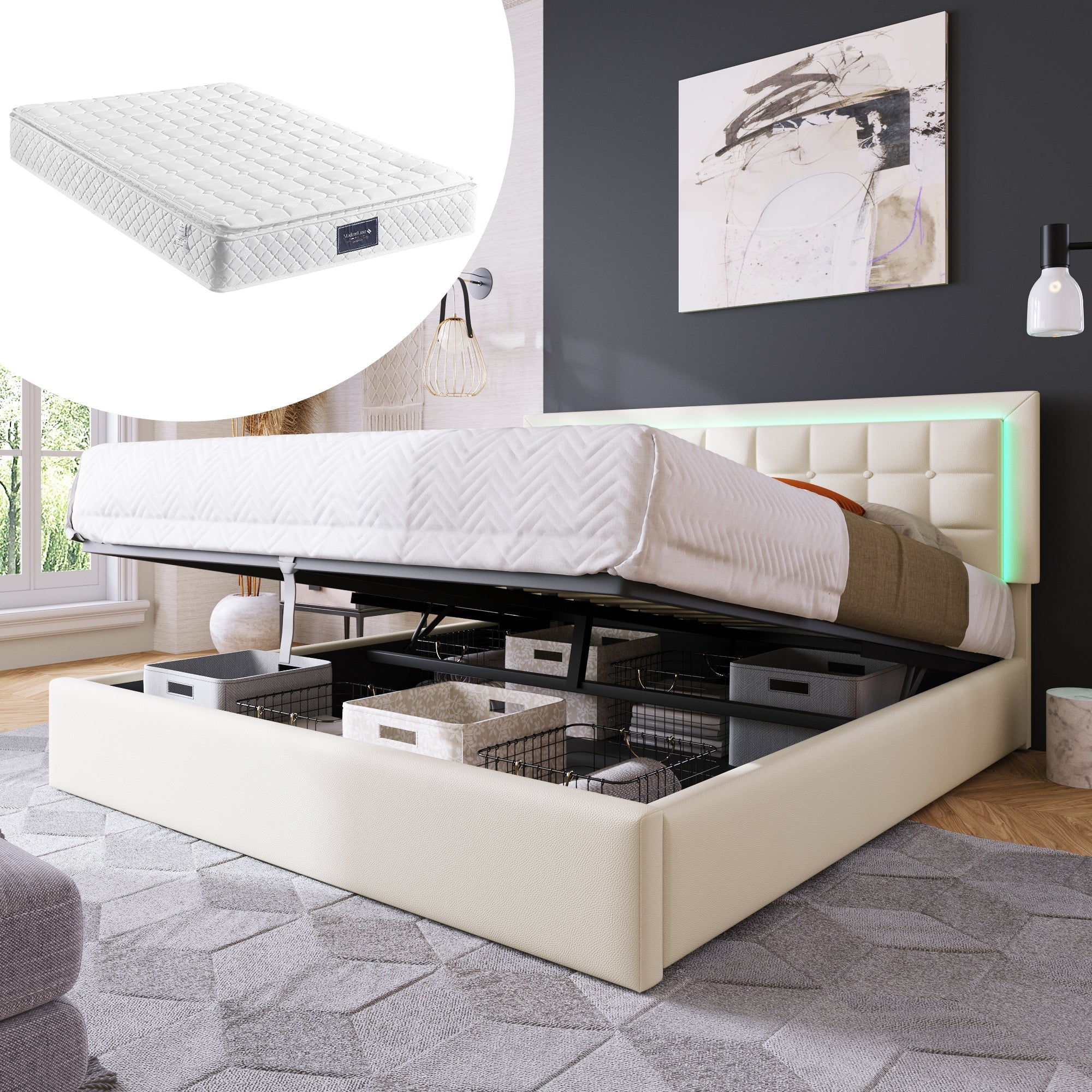 Logidon gestoffeerd bed 160x200 met LED verlichting opbergruimte matras wit