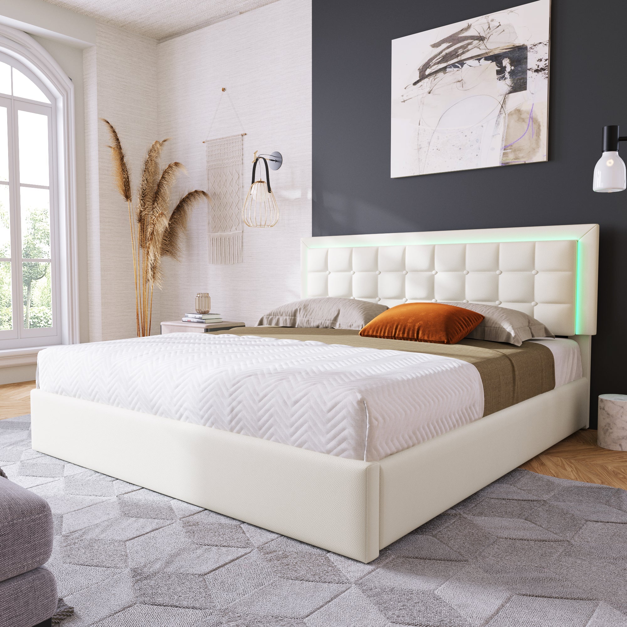 Logidon upholstered bed 140x200 cm white with storage space and LED lighting