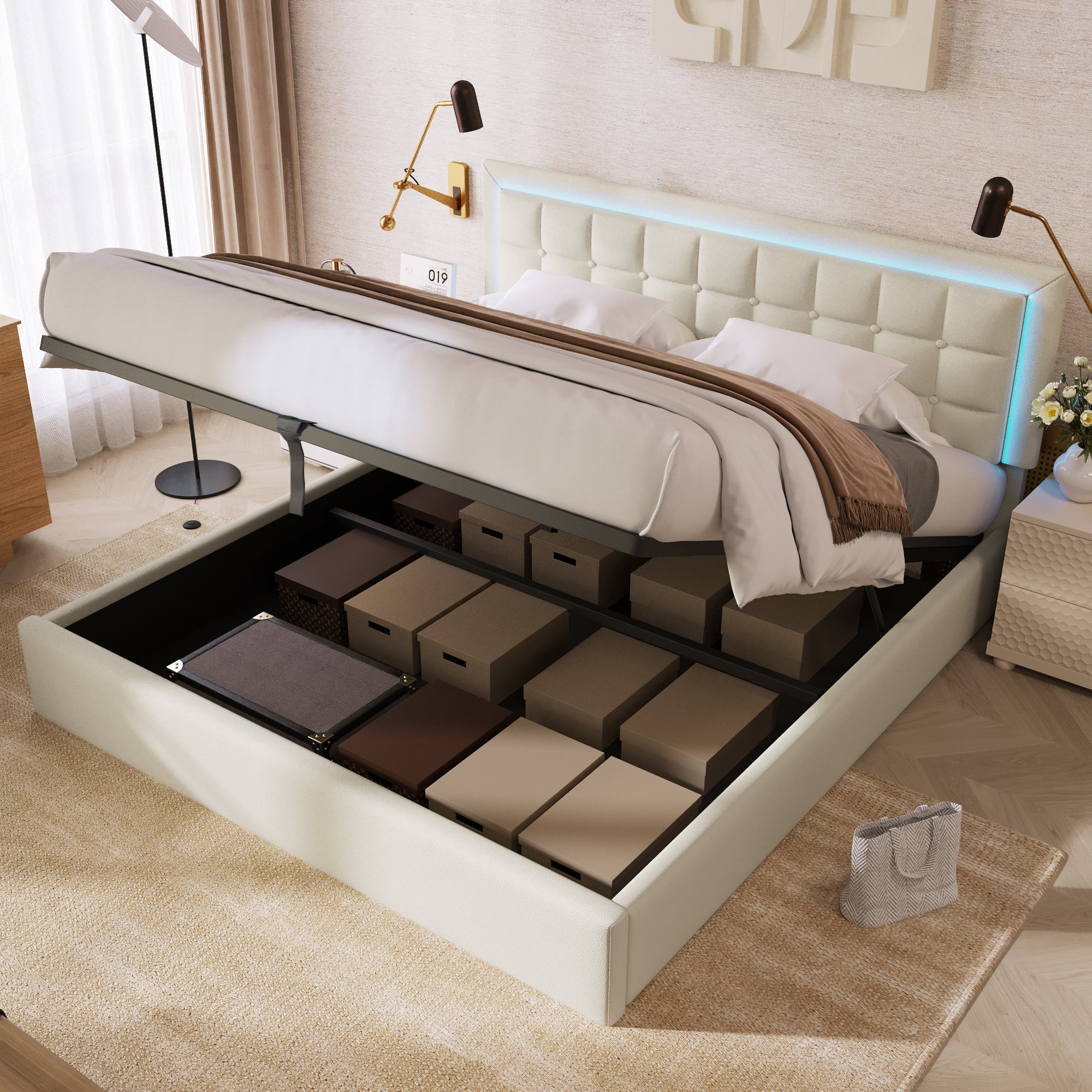 Logidon gestoffeerd bed met lattenbodem en opbergruimte wit 180x200 kunstleer