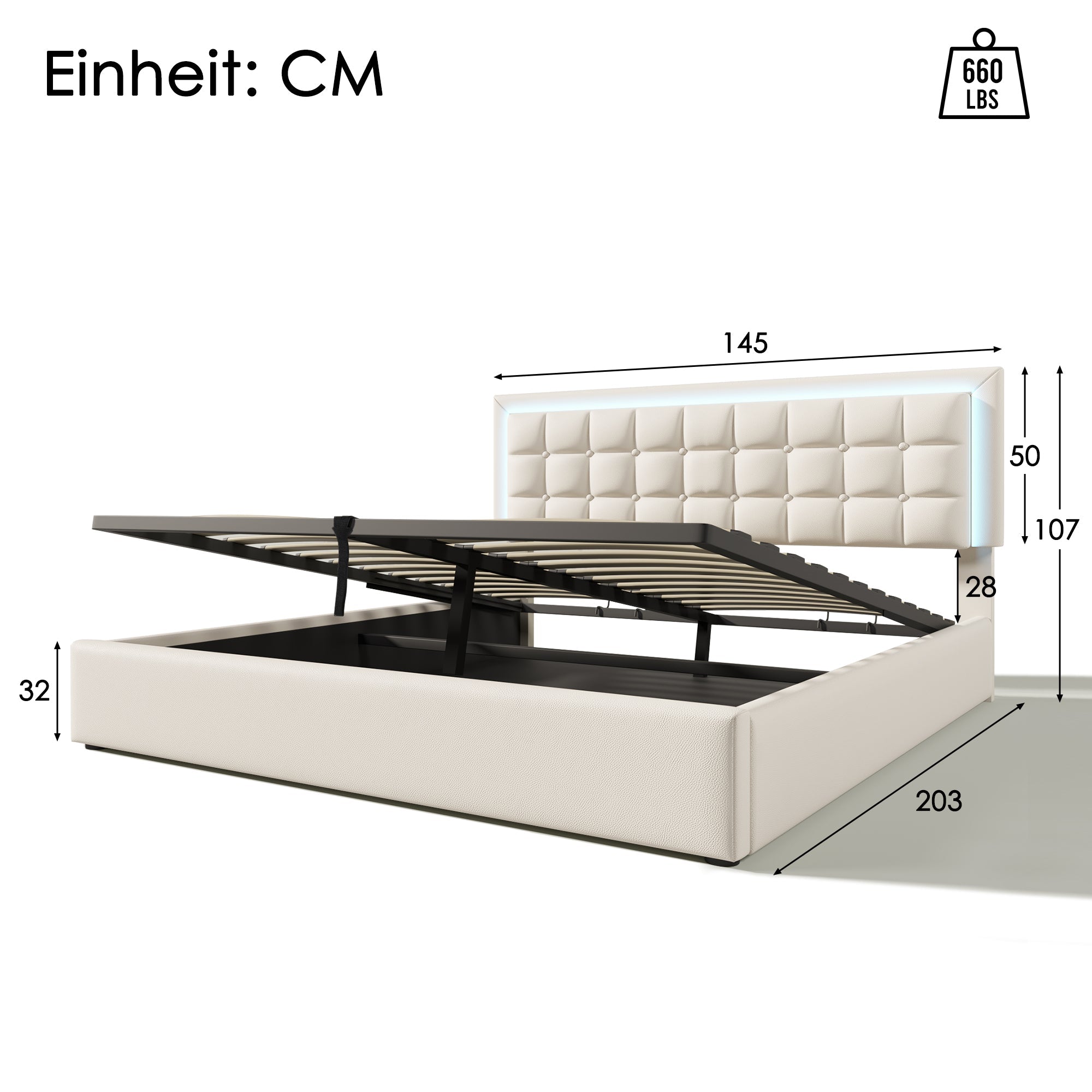 Logidon gestoffeerd bed 140x200 cm wit met opbergruimte en LED-verlichting